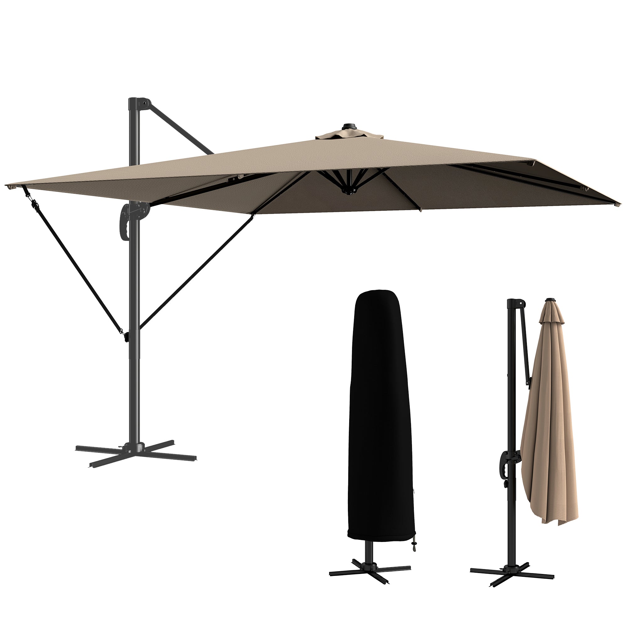 Outsunny Sombrilla de Jardín 2,9x2,9 m, Parasol Excéntrico de Aluminio con Manivela, Toldo Giratorio 360°, Inclinación Ajustable, Base Cruzada y Funda, UPF30+, Sombrilla para Terraza Exterior, Caqui