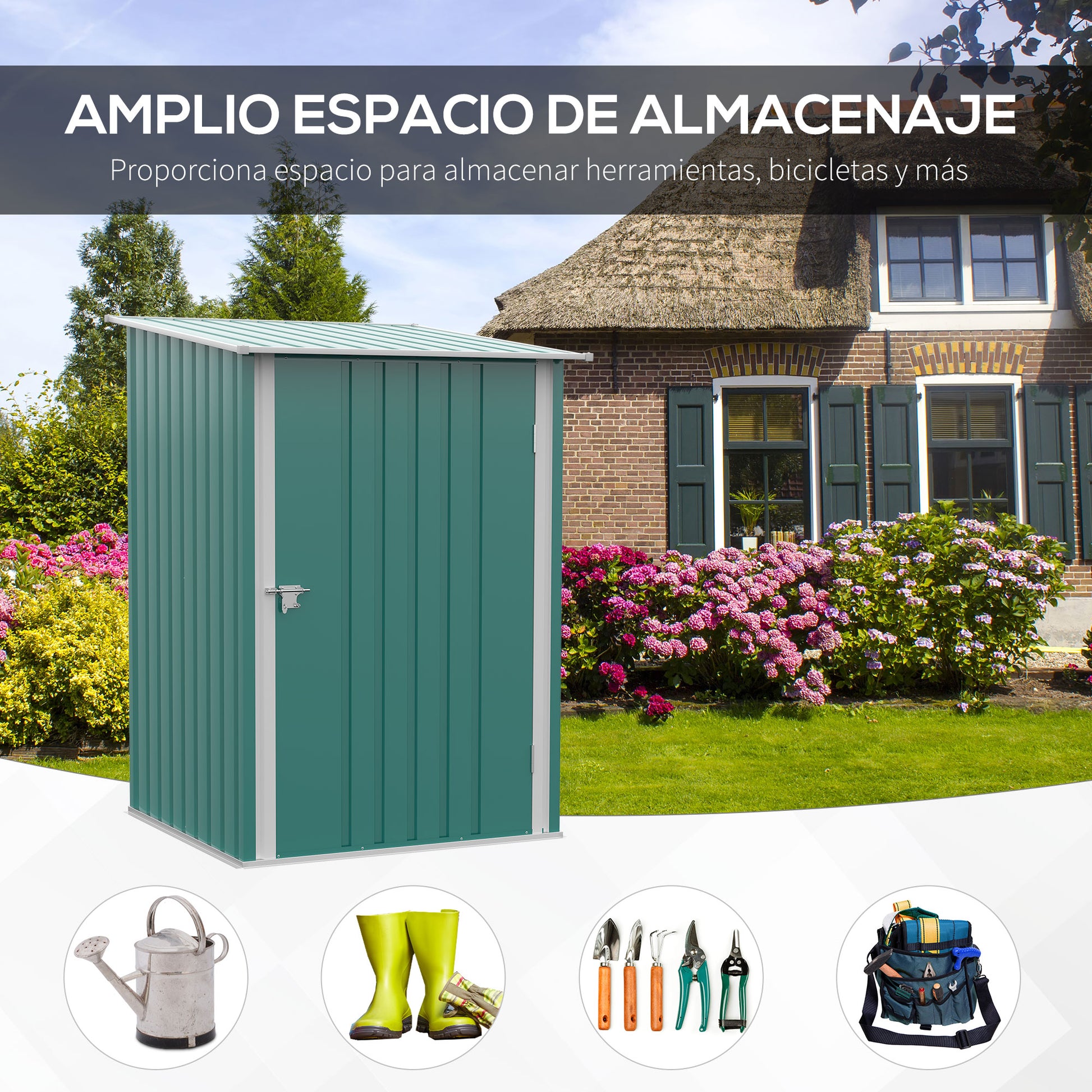 Outsunny Cobertizo de Jardín de Exterior 0,92 m² 100x103x160 cm Caseta de Jardín Metálica con 1 Puerta y Cerradura para Almacenamiento de Herramientas en Patio Terraza Verde