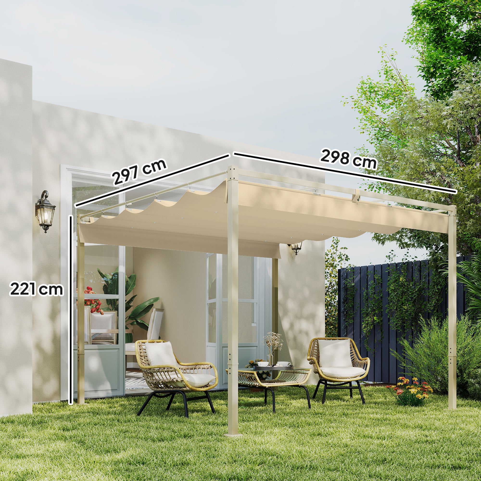 Outsunny Pérgola con Techo Retráctil Pérgola de 3x3 m Cenador de Pared o Independiente con Cierre Magnético Protección UV30+ Pabellón para Jardín Patio Terraza Exterior Caqui