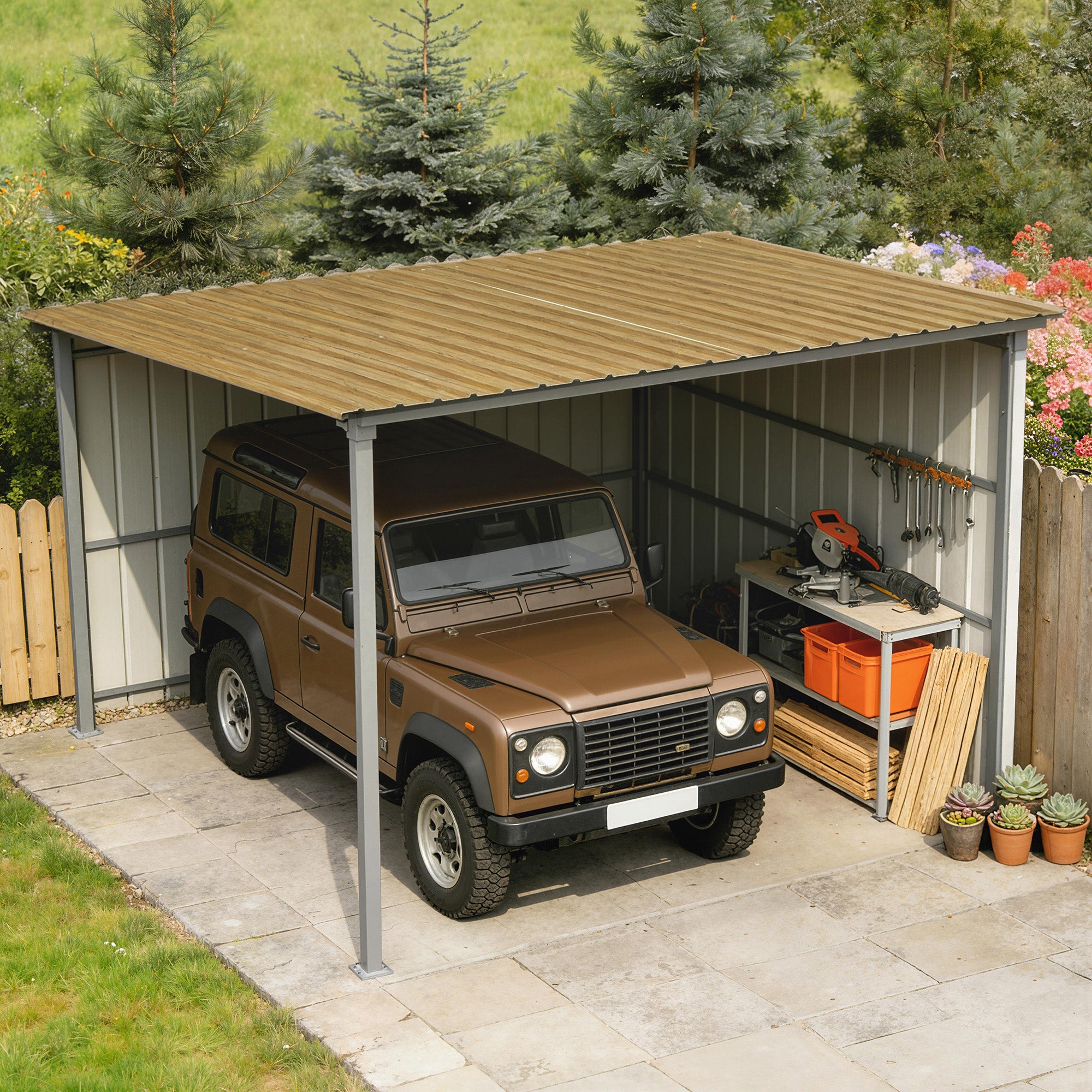 Outsunny 12x Paneles para Tejado de Acero Galvanizado, Chapas Perfiladas de Techo 7m², para Caseta de Herramientas, Cobertizo, Garaje, Exterior, 129x45cm, Madera Natural