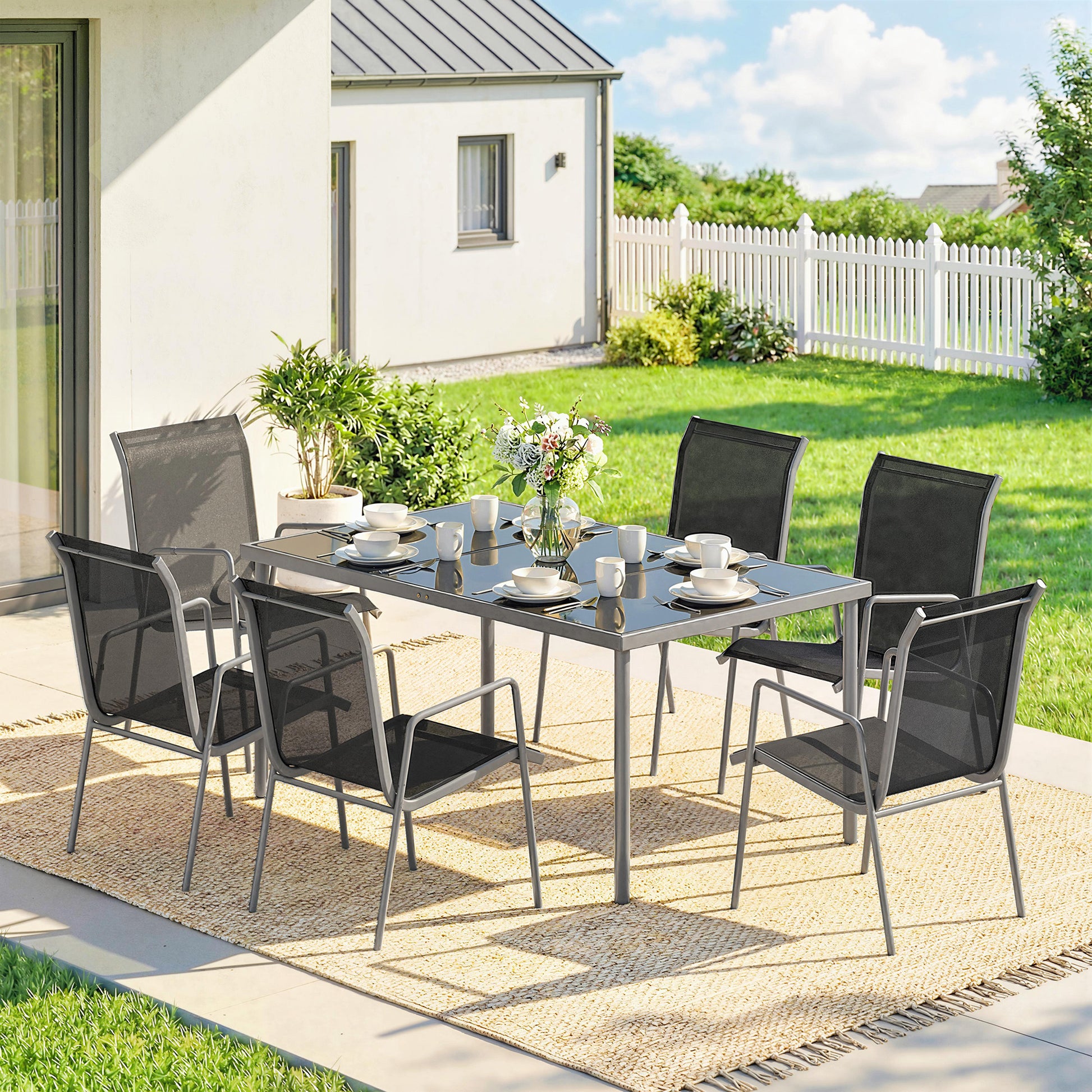 Outsunny Conjunto de Mesa y Sillas Jardín de 7 Piezas, Muebles Jardín Exterior con Mesa de Vidrio Templado, 6 Sillas Apilables Transpirables, Marco de Metal Resistente a la Intemperie, Negro y Plata