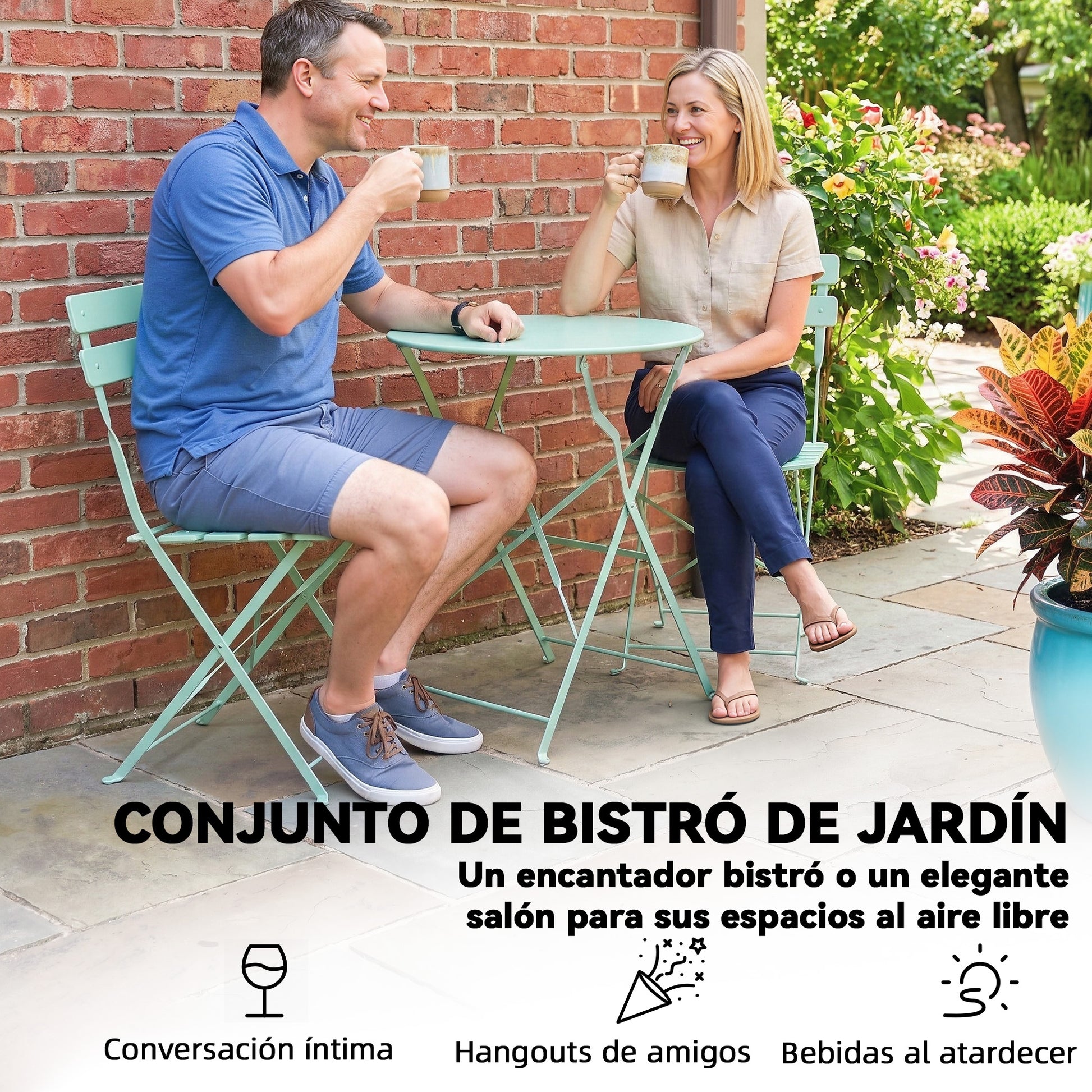 Outsunny Conjunto de Mesa y Sillas de Terraza Exterior Plegable 3 Piezas, Muebles de Jardín Exterior con 2 Sillas Plegables, Mesa Redonda, Estructura Metálica Electrofórica para Patio, Balcón, Verde