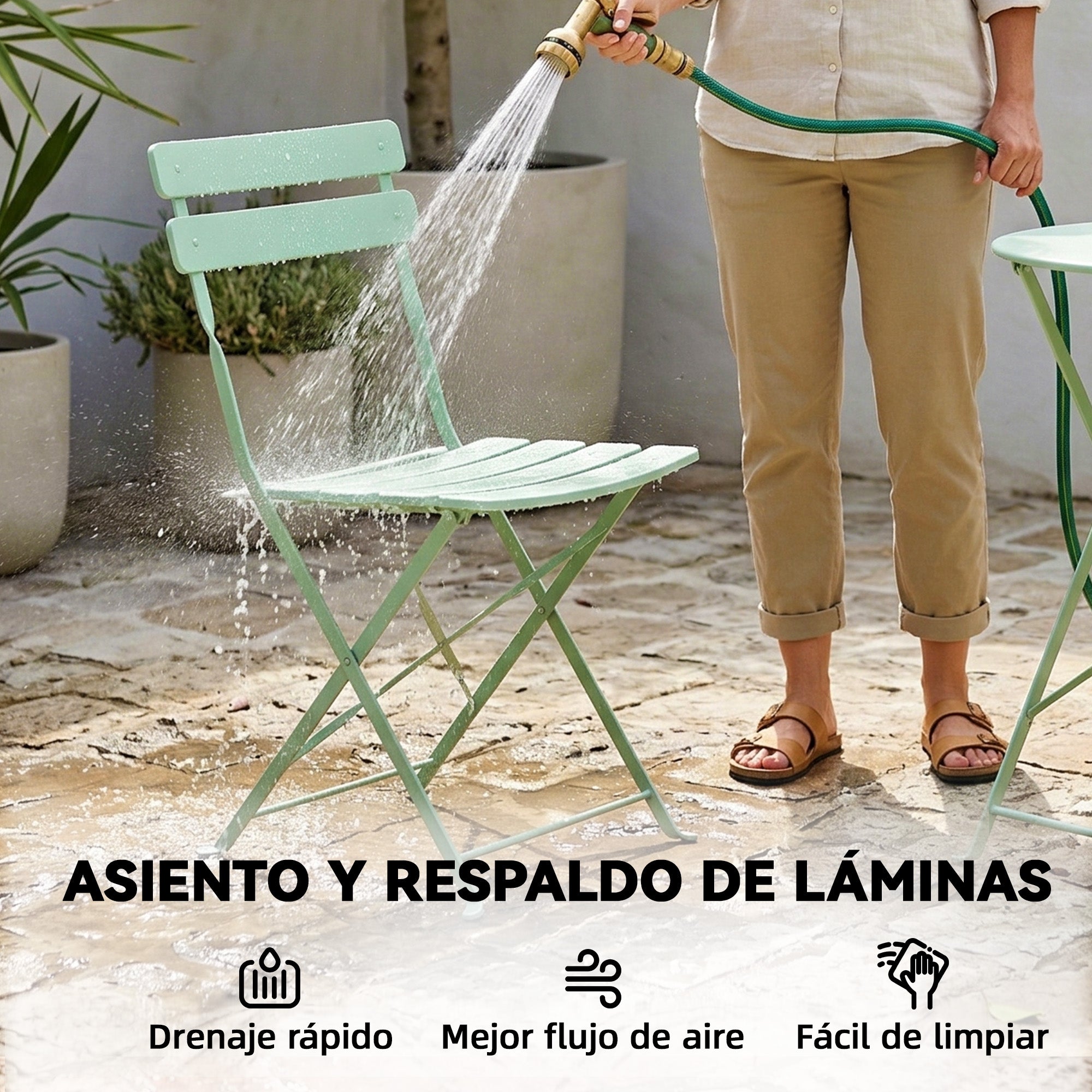 Outsunny Conjunto de Mesa y Sillas de Terraza Exterior Plegable 3 Piezas, Muebles de Jardín Exterior con 2 Sillas Plegables, Mesa Redonda, Estructura Metálica Electrofórica para Patio, Balcón, Verde