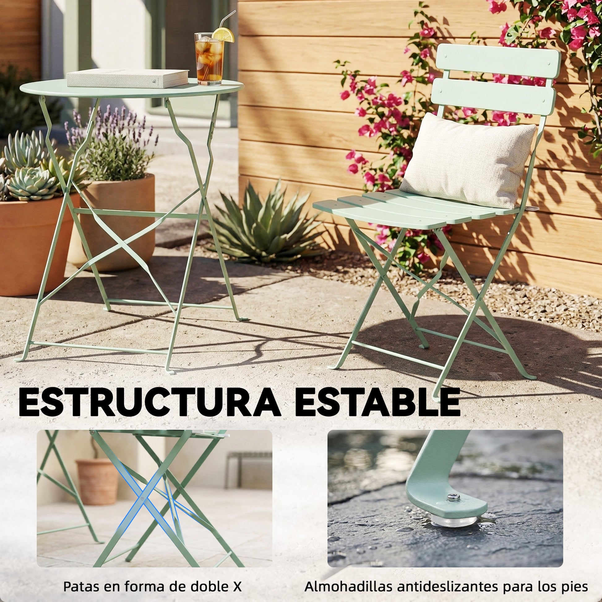 Outsunny Conjunto de Mesa y Sillas de Terraza Exterior Plegable 3 Piezas, Muebles de Jardín Exterior con 2 Sillas Plegables, Mesa Redonda, Estructura Metálica Electrofórica para Patio, Balcón, Verde
