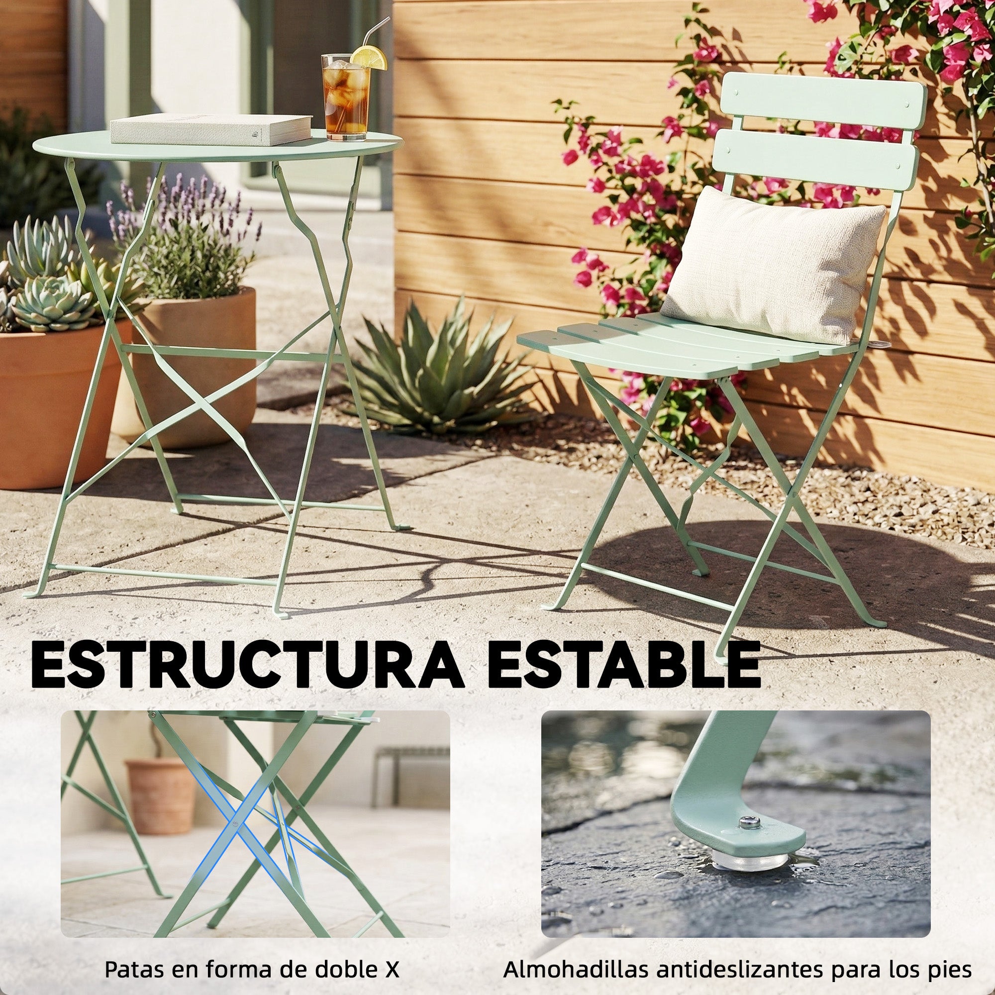 Outsunny Conjunto de Mesa y Sillas de Terraza Exterior Plegable 3 Piezas, Muebles de Jardín Exterior con 2 Sillas Plegables, Mesa Redonda, Estructura Metálica Electrofórica para Patio, Balcón, Verde