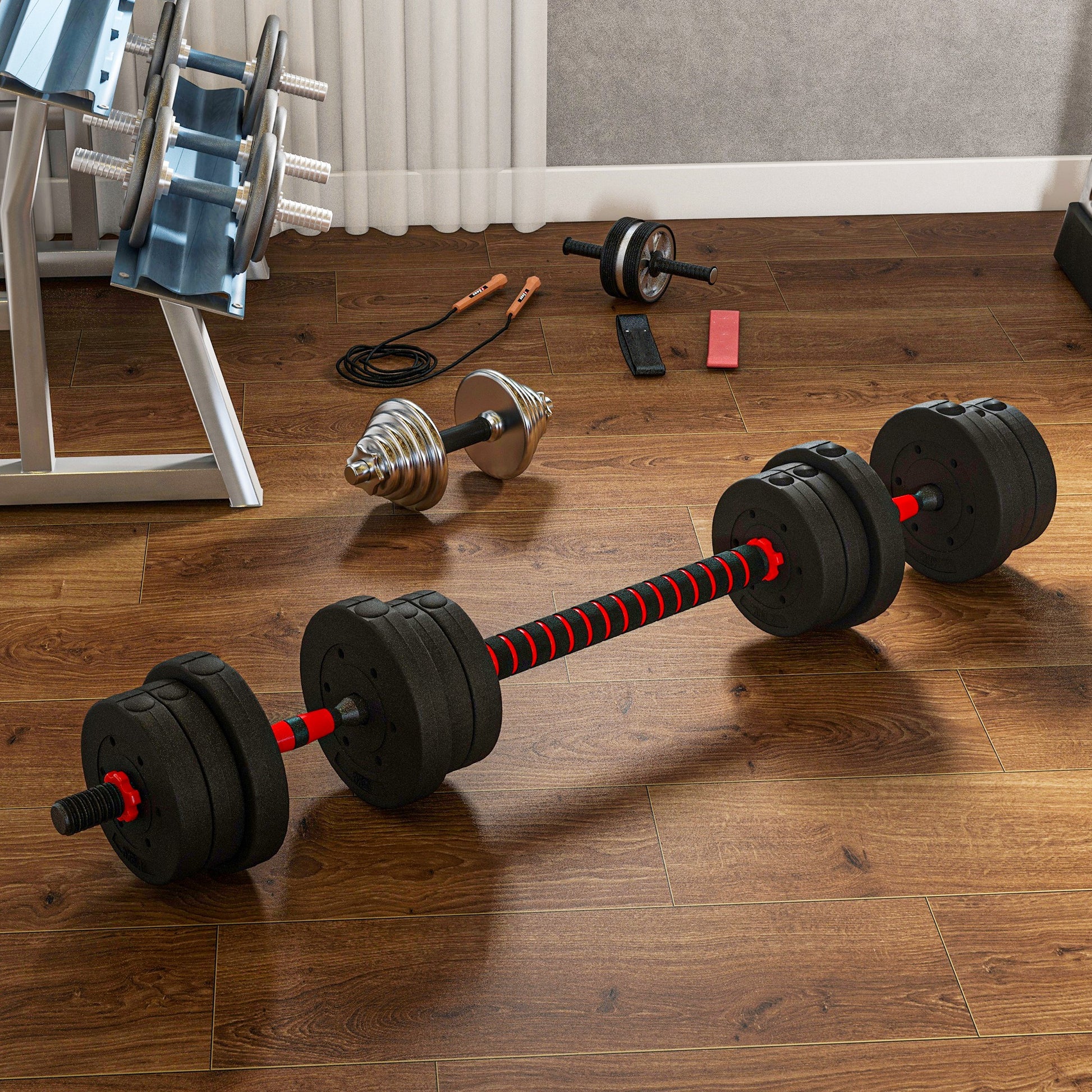 HOMCOM Juego de Mancuernas Ajustables, 2 en 1, 20kg, Juego de Pesas con Barra de Conexión y Mango Antideslizante, Pesas y Mancuernas para Hombres y Mujeres, Ejercicio de Fitness, Casa Gimnasio