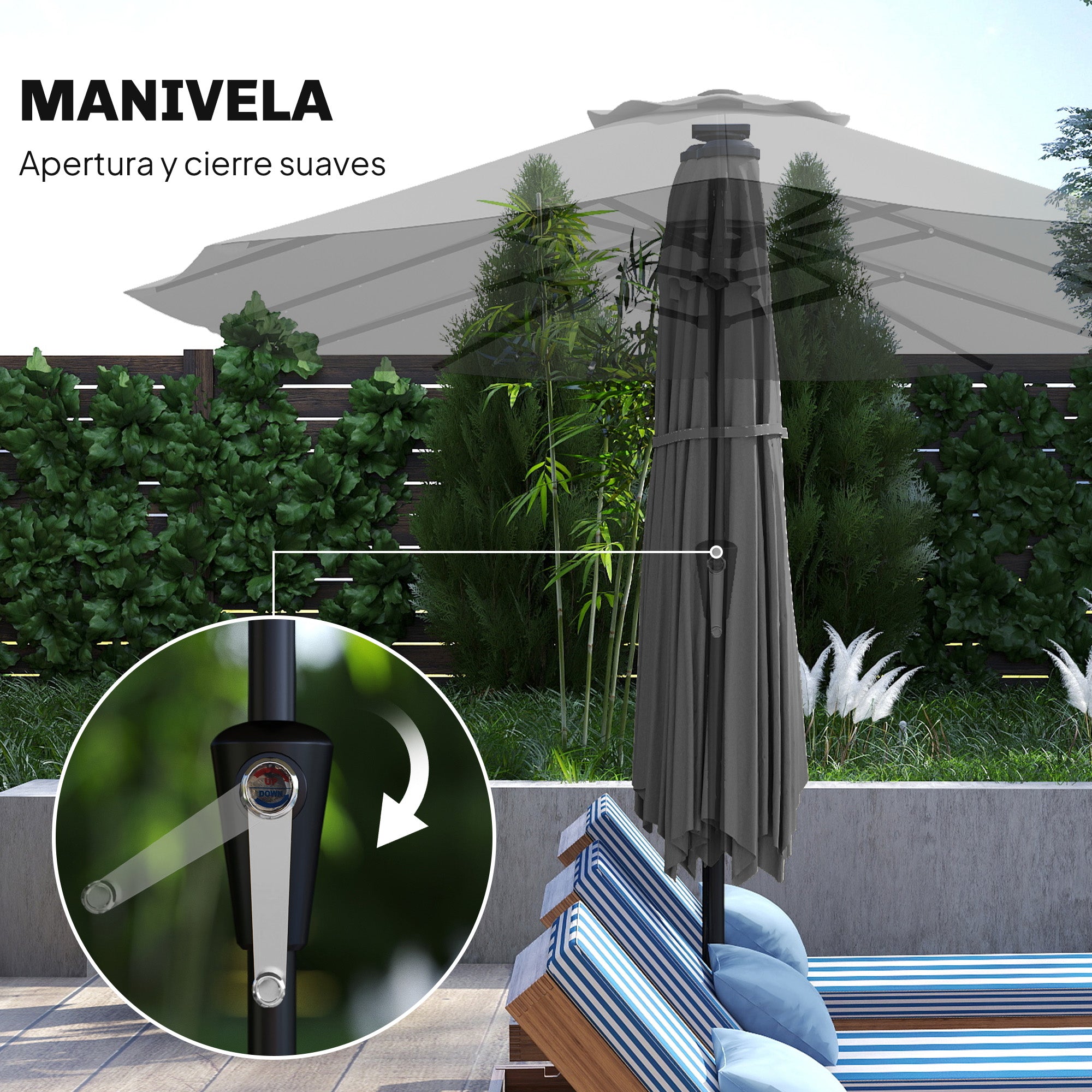Outsunny Sombrilla Doble con 36 Luces LED Solares, 4x2 m, Sombrilla Terraza Exterior con Manivela, UPF50+, 12 Varillas, Resistente al Agua, Parasol para Jardín, Terraza, Patio, Gris Oscuro