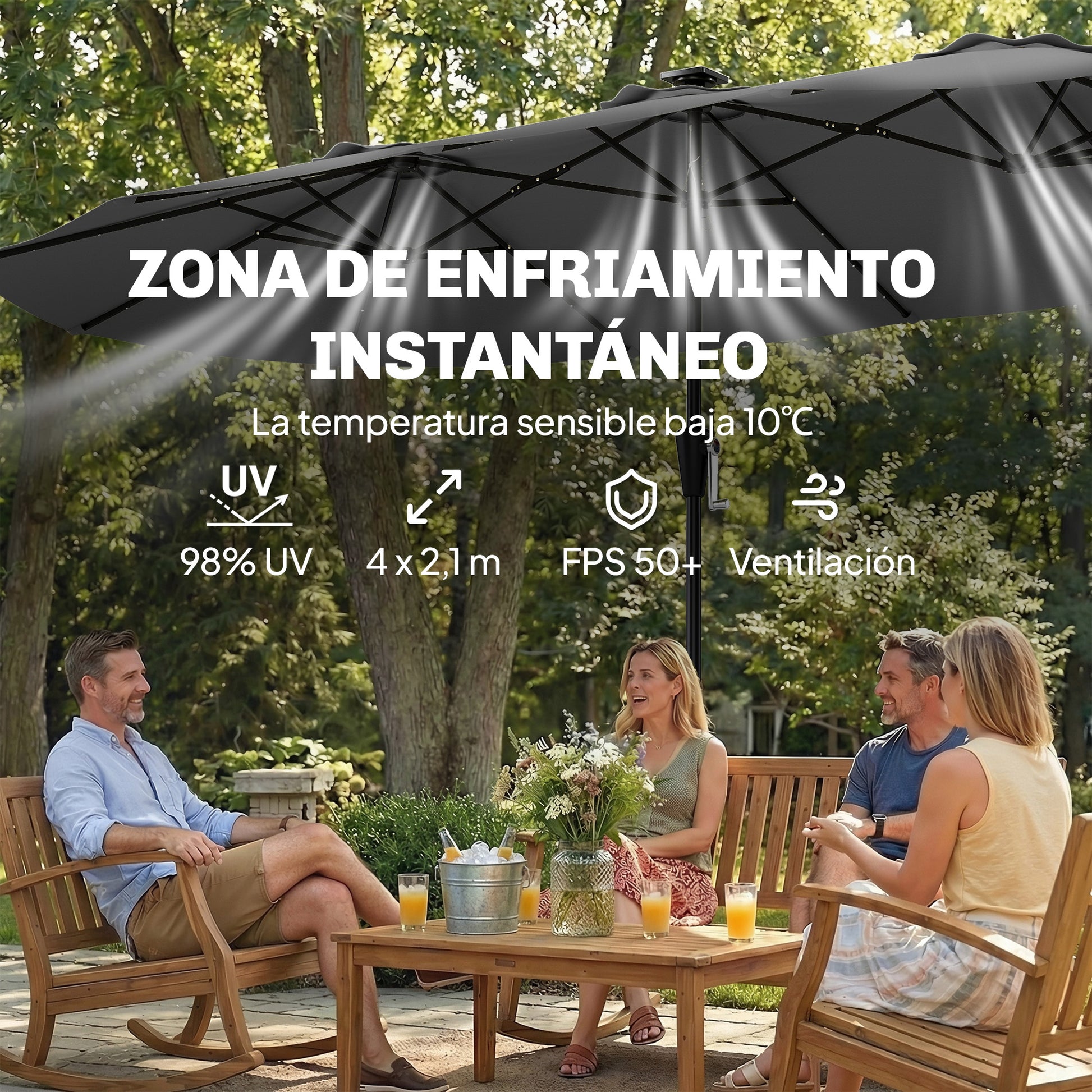 Outsunny Sombrilla Doble con 36 Luces LED Solares, 4x2 m, Sombrilla Terraza Exterior con Manivela, UPF50+, 12 Varillas, Resistente al Agua, Parasol para Jardín, Terraza, Patio, Gris Oscuro