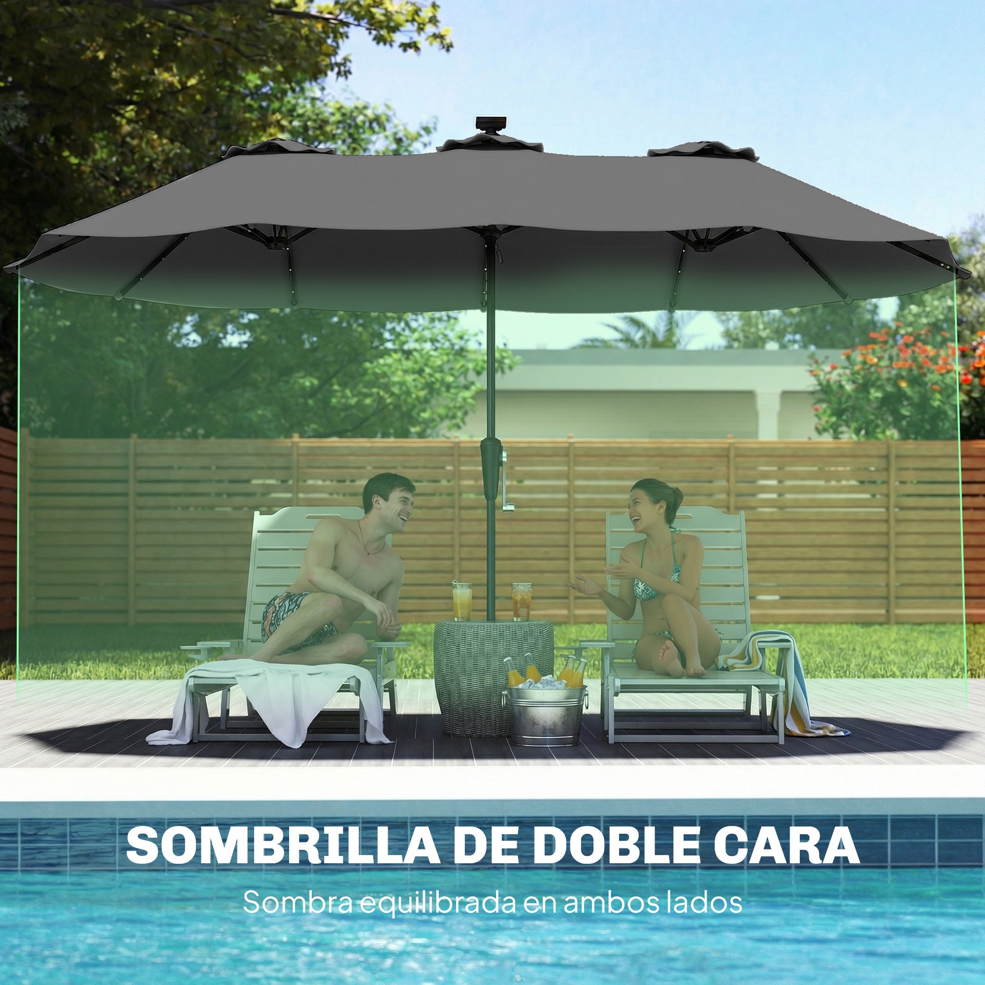 Outsunny Sombrilla Doble con 36 Luces LED Solares, 4x2 m, Sombrilla Terraza Exterior con Manivela, UPF50+, 12 Varillas, Resistente al Agua, Parasol para Jardín, Terraza, Patio, Gris Oscuro