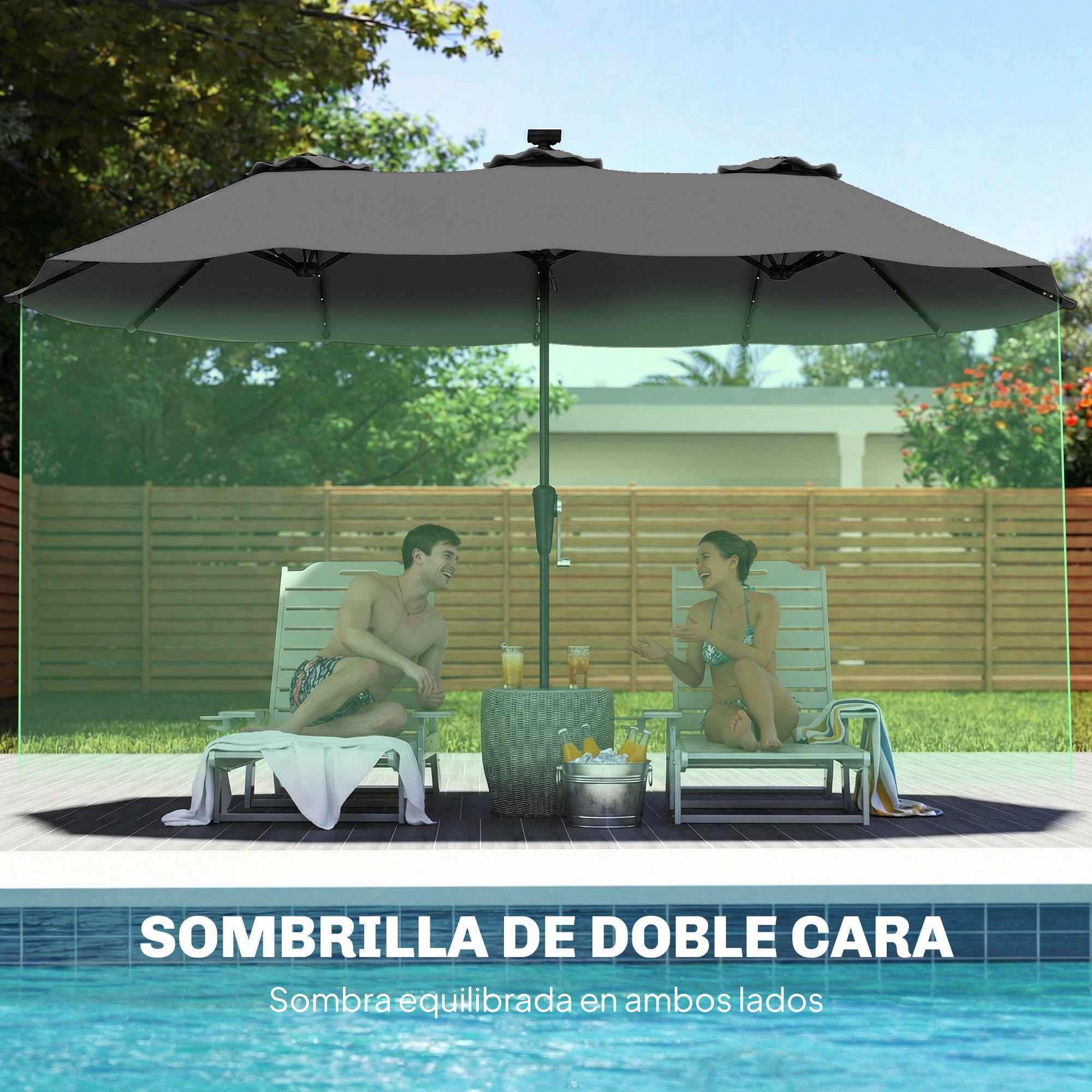 Outsunny Sombrilla Doble con 36 Luces LED Solares, 4x2 m, Sombrilla Terraza Exterior con Manivela, UPF50+, 12 Varillas, Resistente al Agua, Parasol para Jardín, Terraza, Patio, Gris Oscuro