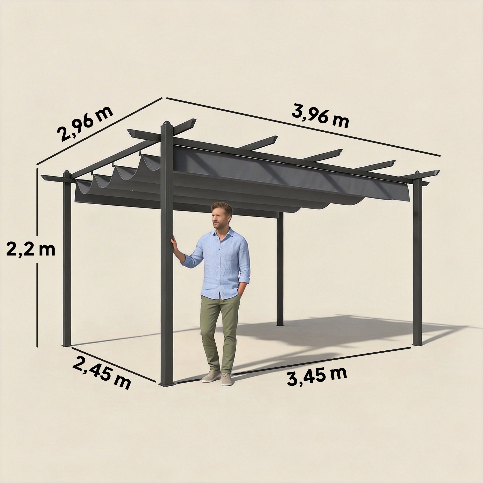 Outsunny Pérgola de Jardín 4x3 m con Techo Retráctil, Cenador de Jardín con Estructura de Aluminio, UPF30+, Orificios de Drenaje, Pabellón para Exterior, Patio, Terraza, Gris