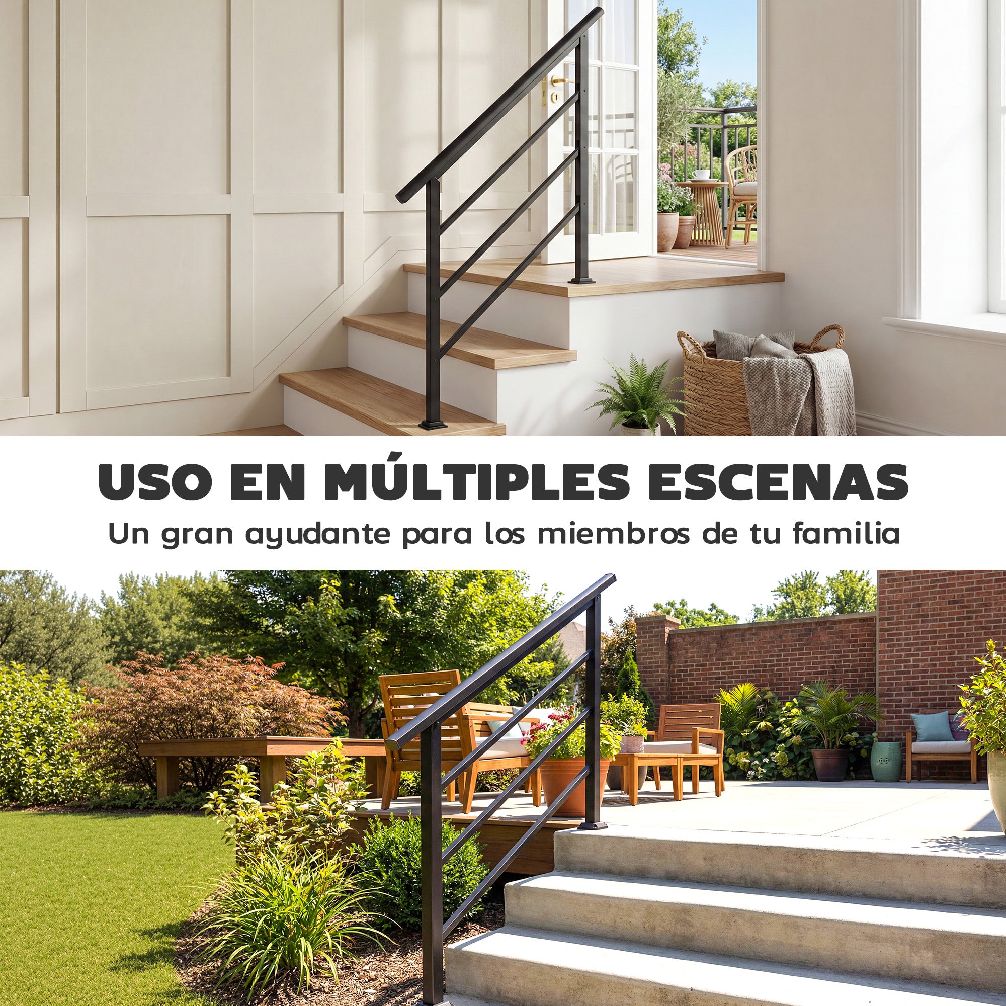 Outsunny Barandilla de Escalera, 131 cm, Pasamanos para Escalera con Kit de Instalación, Ángulo Ajustable para 1-4 Escalones, para Porches, Madera y Concreto, para Exterior, Terraza, Patio, Negro