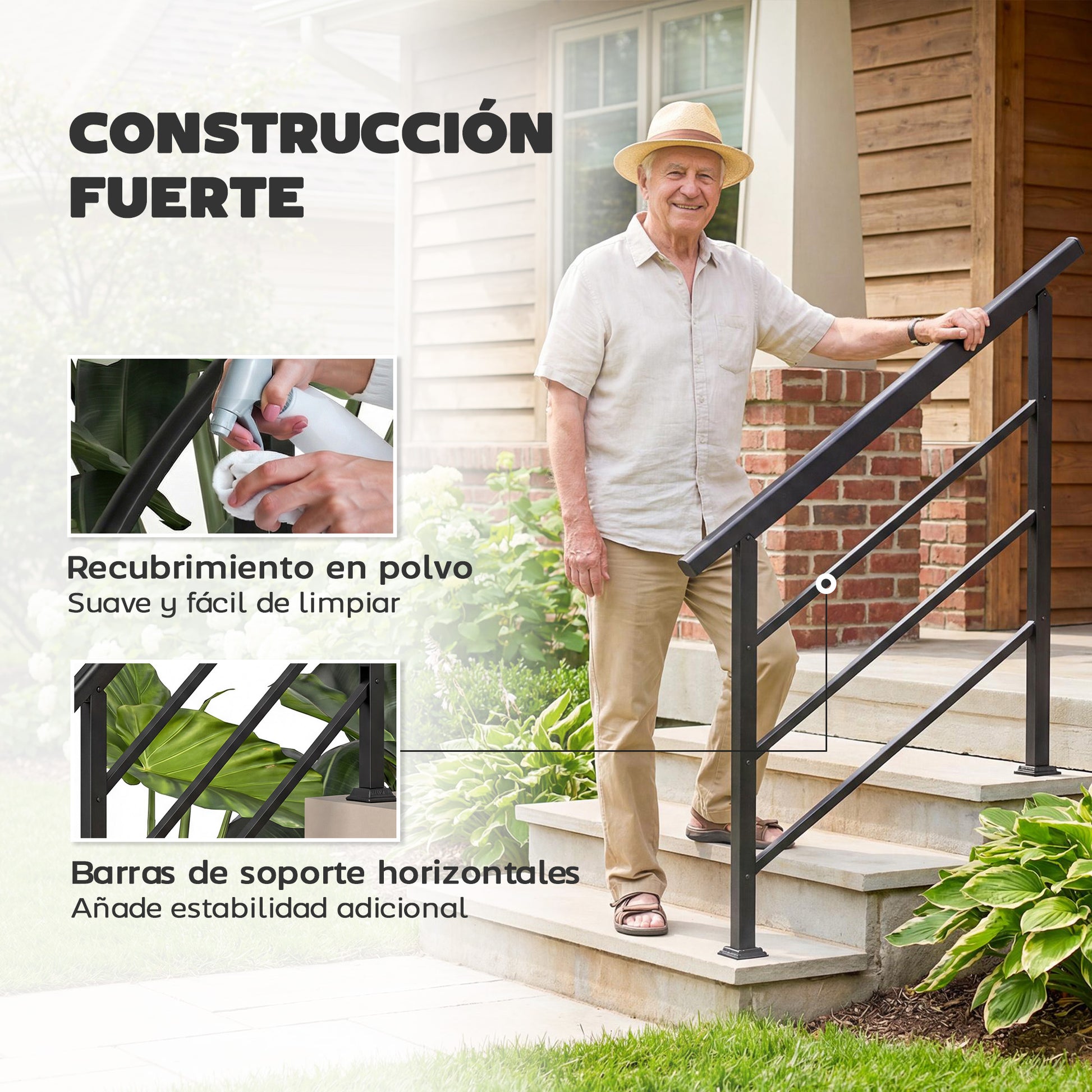 Outsunny Barandilla de Escalera, 131 cm, Pasamanos para Escalera con Kit de Instalación, Ángulo Ajustable para 1-4 Escalones, para Porches, Madera y Concreto, para Exterior, Terraza, Patio, Negro