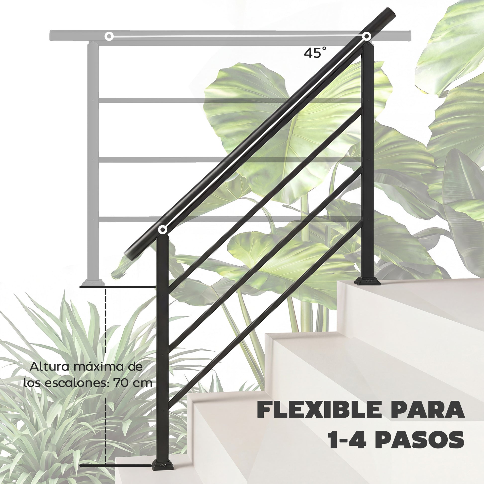 Outsunny Barandilla de Escalera, 131 cm, Pasamanos para Escalera con Kit de Instalación, Ángulo Ajustable para 1-4 Escalones, para Porches, Madera y Concreto, para Exterior, Terraza, Patio, Negro