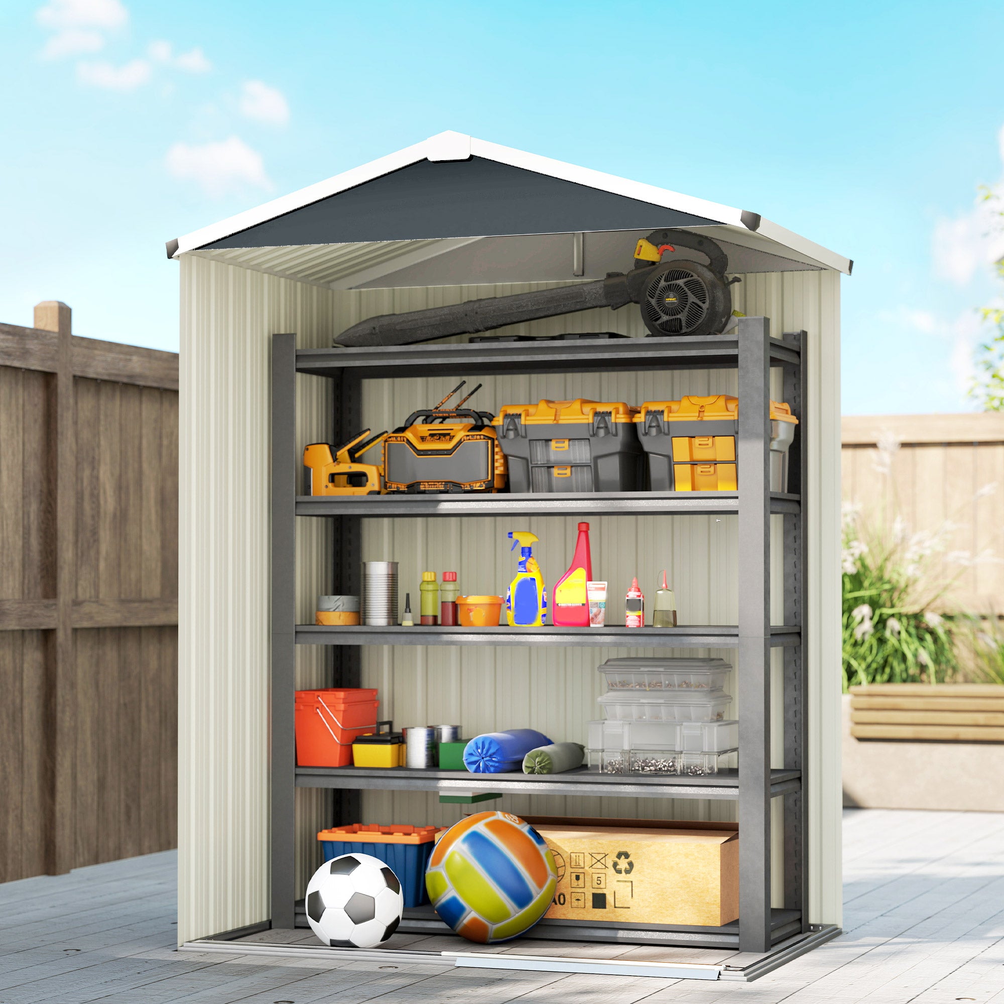 Outsunny Caseta de Jardín Exterior 1,1 m², 136x87x179 cm, Cobertizo de Jardín Exterior Metálico con Puerta Corredera, Techo Inclinado y Guantes, para Almacenaje de Herramientas Bicicletas, Gris Oscuro