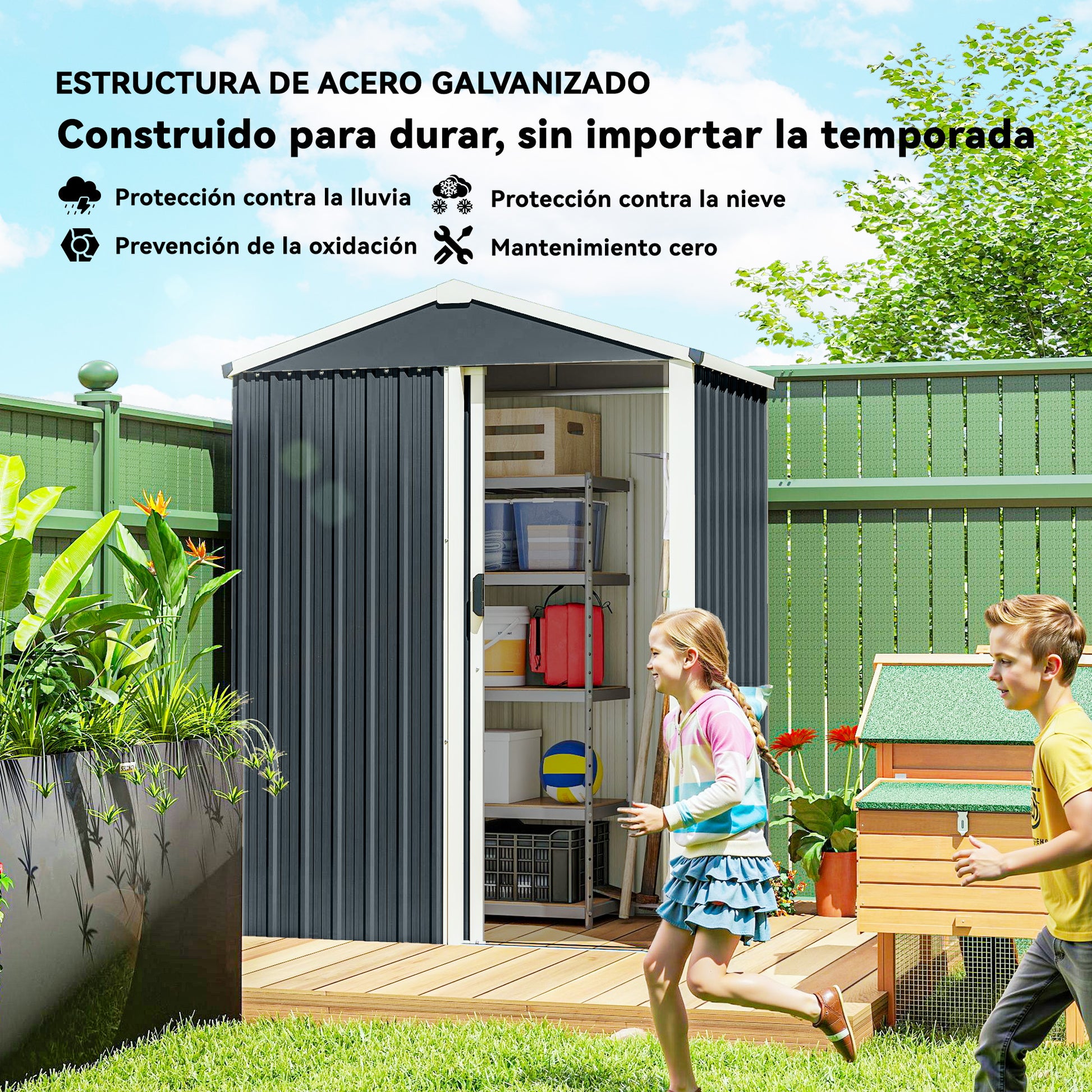 Outsunny Caseta de Jardín Exterior 1,1 m², 136x87x179 cm, Cobertizo de Jardín Exterior Metálico con Puerta Corredera, Techo Inclinado y Guantes, para Almacenaje de Herramientas Bicicletas, Gris Oscuro