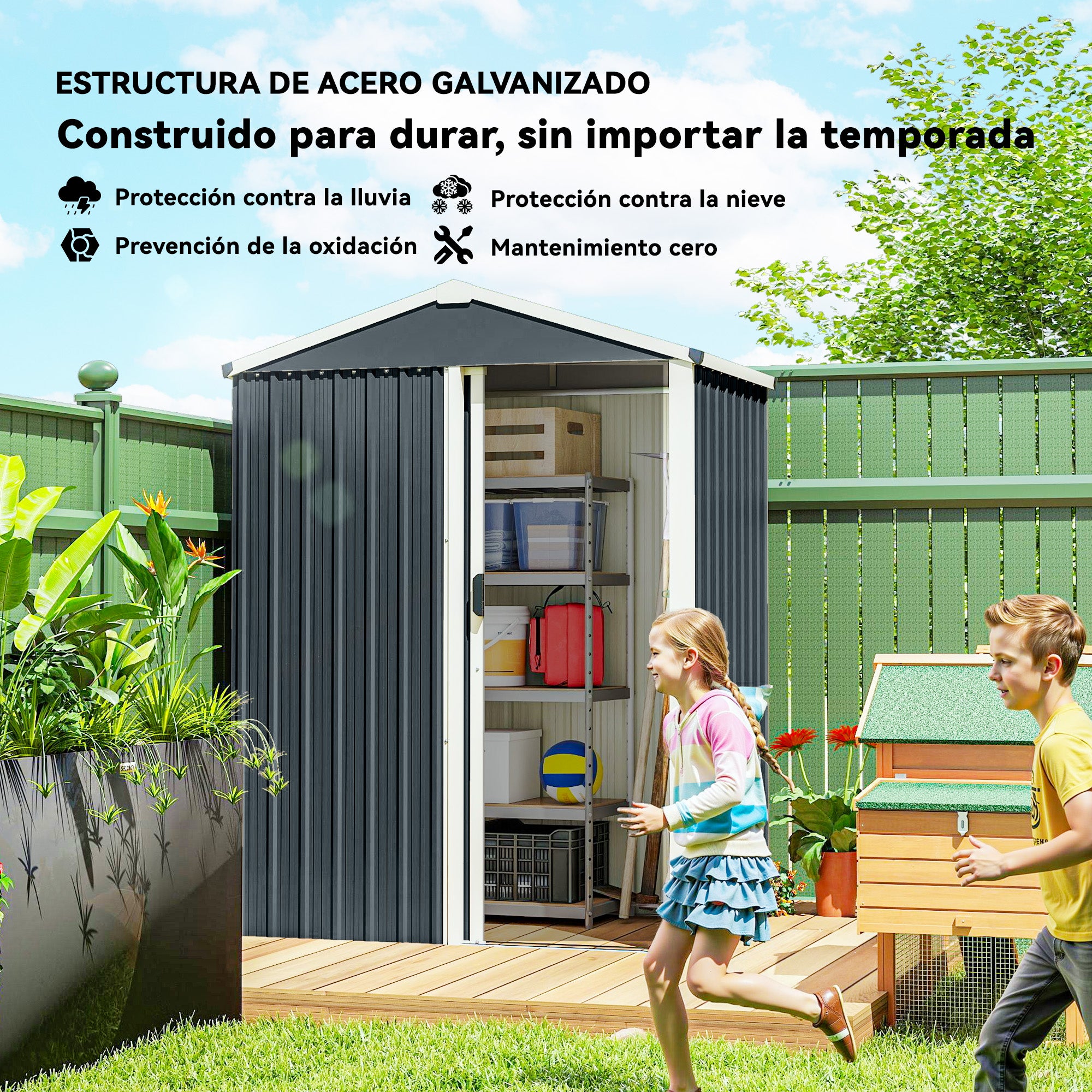 Outsunny Caseta de Jardín Exterior 1,1 m², 136x87x179 cm, Cobertizo de Jardín Exterior Metálico con Puerta Corredera, Techo Inclinado y Guantes, para Almacenaje de Herramientas Bicicletas, Gris Oscuro