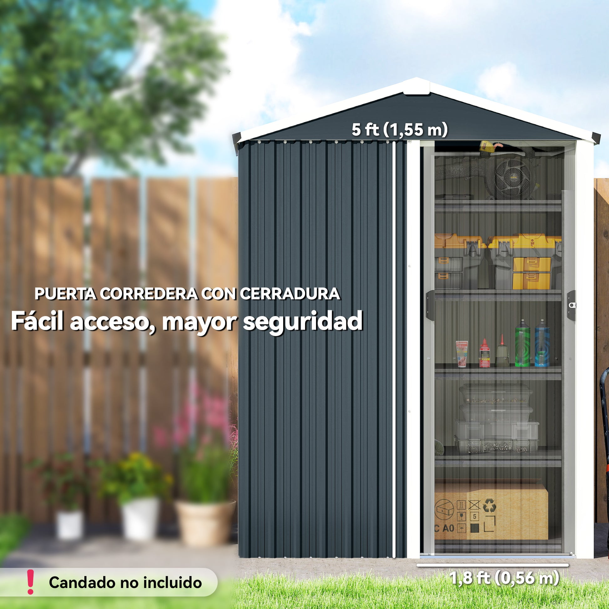 Outsunny Caseta de Jardín Exterior 1,1 m², 136x87x179 cm, Cobertizo de Jardín Exterior Metálico con Puerta Corredera, Techo Inclinado y Guantes, para Almacenaje de Herramientas Bicicletas, Gris Oscuro