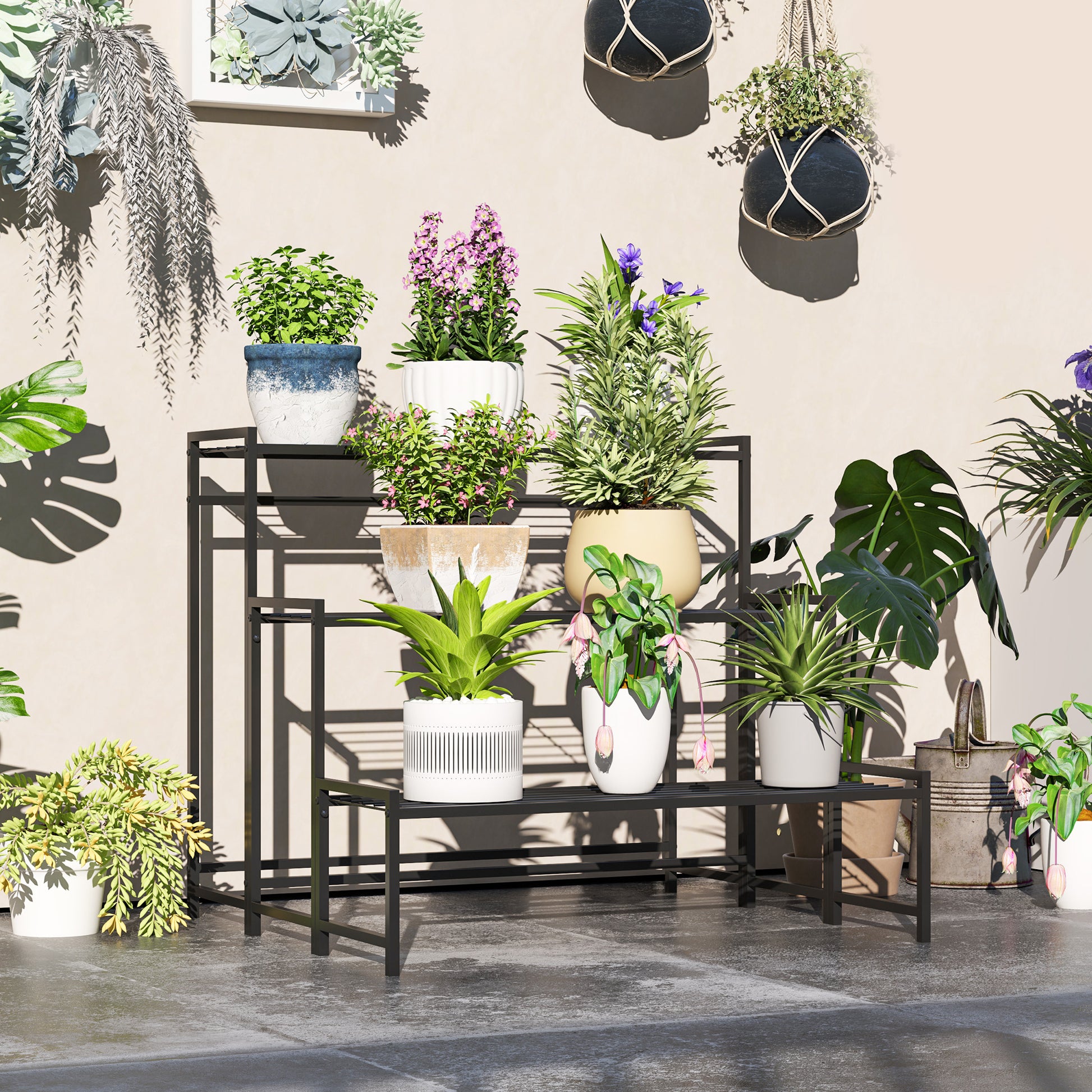 Outsunny Soporte para Plantas de 3 Niveles Estantería para Plantas para Esquina Diseño en Escalera Soporte para Macetas Interior y Exterior 75x70x66 cm Negro