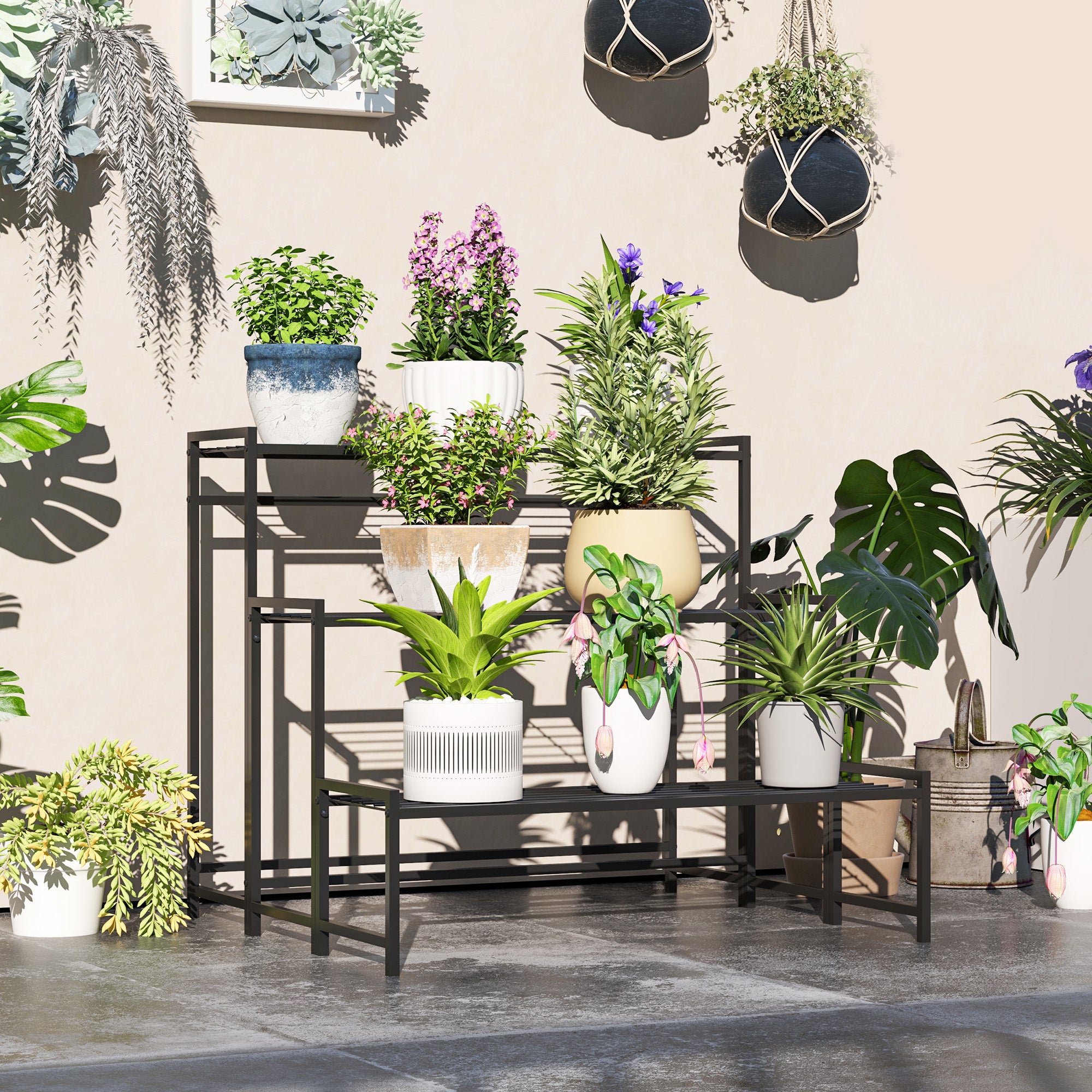 Outsunny Soporte para Plantas de 3 Niveles Estantería para Plantas para Esquina Diseño en Escalera Soporte para Macetas Interior y Exterior 75x70x66 cm Negro