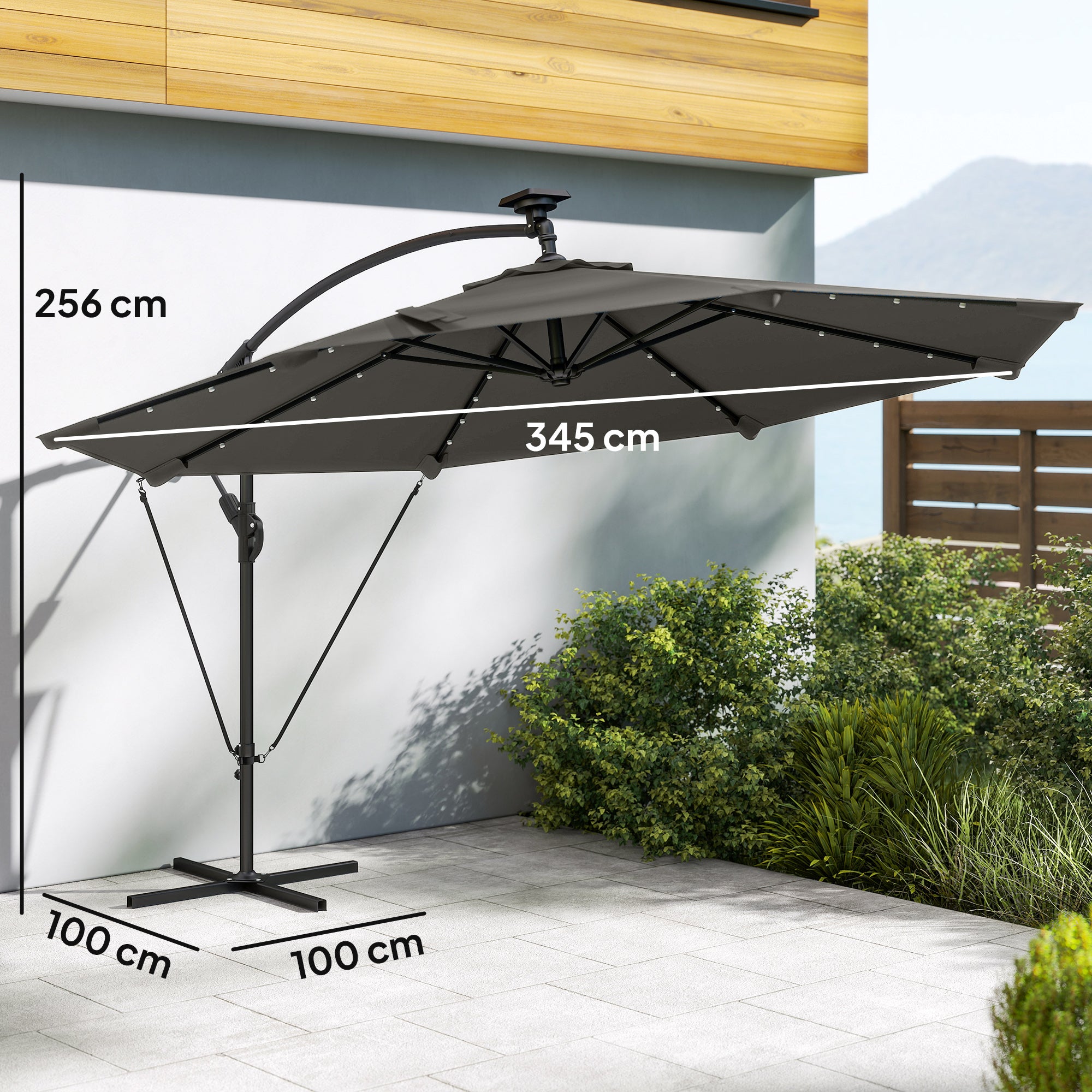 Outsunny Parasol Excéntrico con Luces LED Solares, Ø345 cm, Sombrilla de Jardín de Aluminio con Base Cruzada, Manivela, Funda Protectora, Cuerdas de Viento, UPF50+, para Terraza, Patio, Gris Oscuro