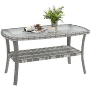 Outsunny Mesa de Jardín Exterior de Ratán con Estante, Mesita Auxiliar de Jardín Rectangular, Tablero de Vidrio Templado con Ondas, Estructura de Acero, para Terraza, Patio, 90x50x45 cm, Gris Oscuro