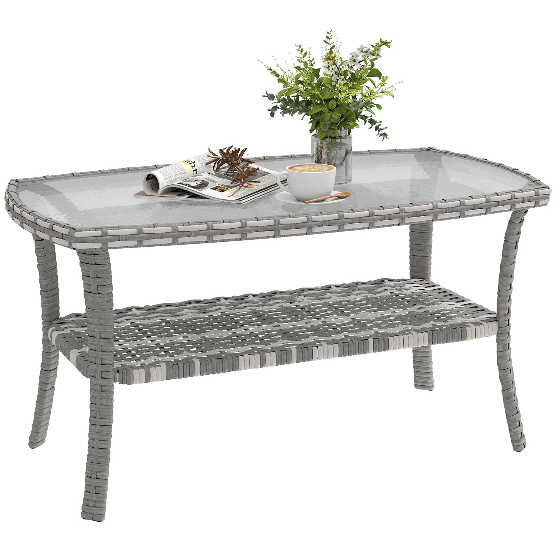 Outsunny Mesa de Jardín Exterior de Ratán con Estante, Mesita Auxiliar de Jardín Rectangular, Tablero de Vidrio Templado con Ondas, Estructura de Acero, para Terraza, Patio, 90x50x45 cm, Gris Oscuro