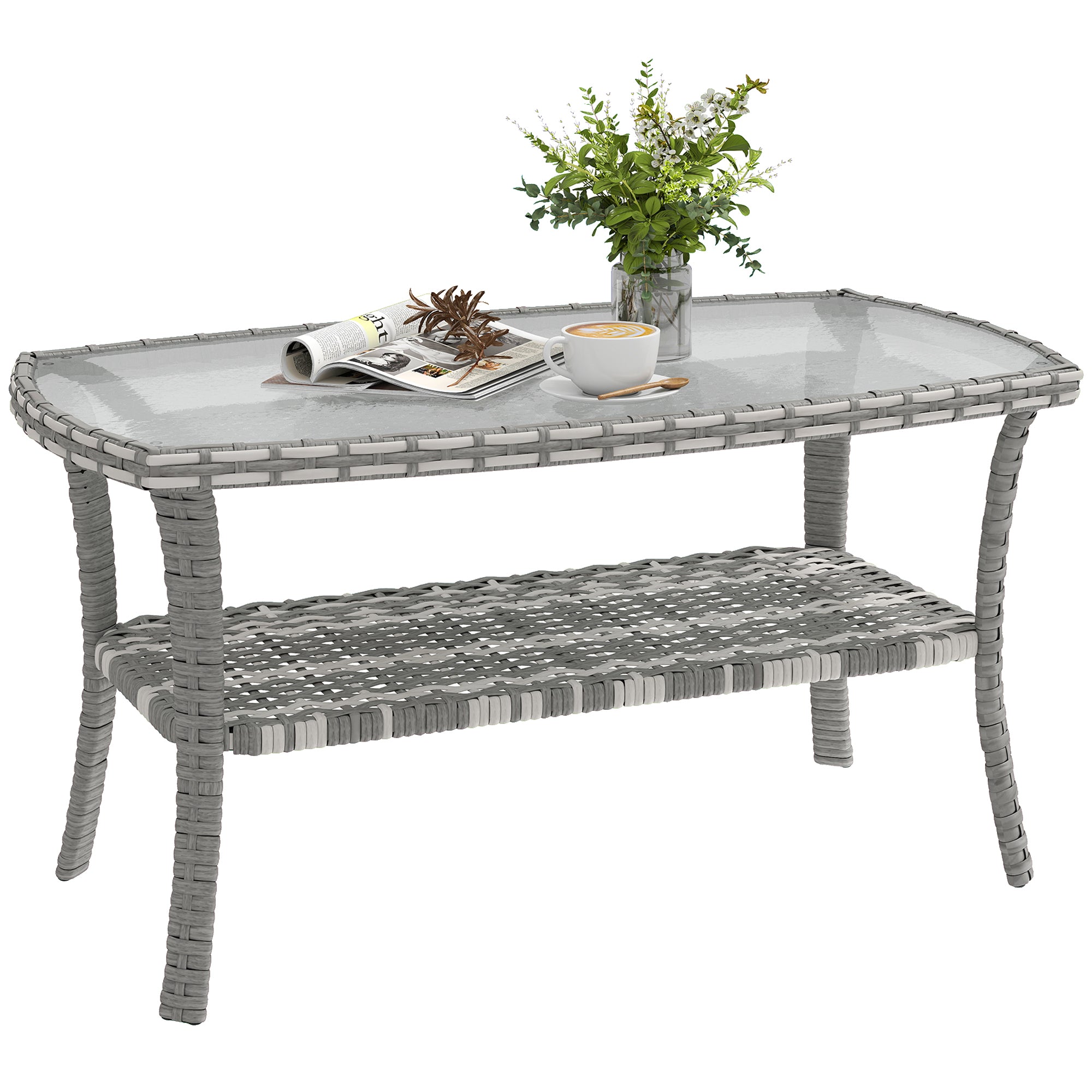 Outsunny Mesa de Jardín Exterior de Ratán con Estante, Mesita Auxiliar de Jardín Rectangular, Tablero de Vidrio Templado con Ondas, Estructura de Acero, para Terraza, Patio, 90x50x45 cm, Gris Oscuro