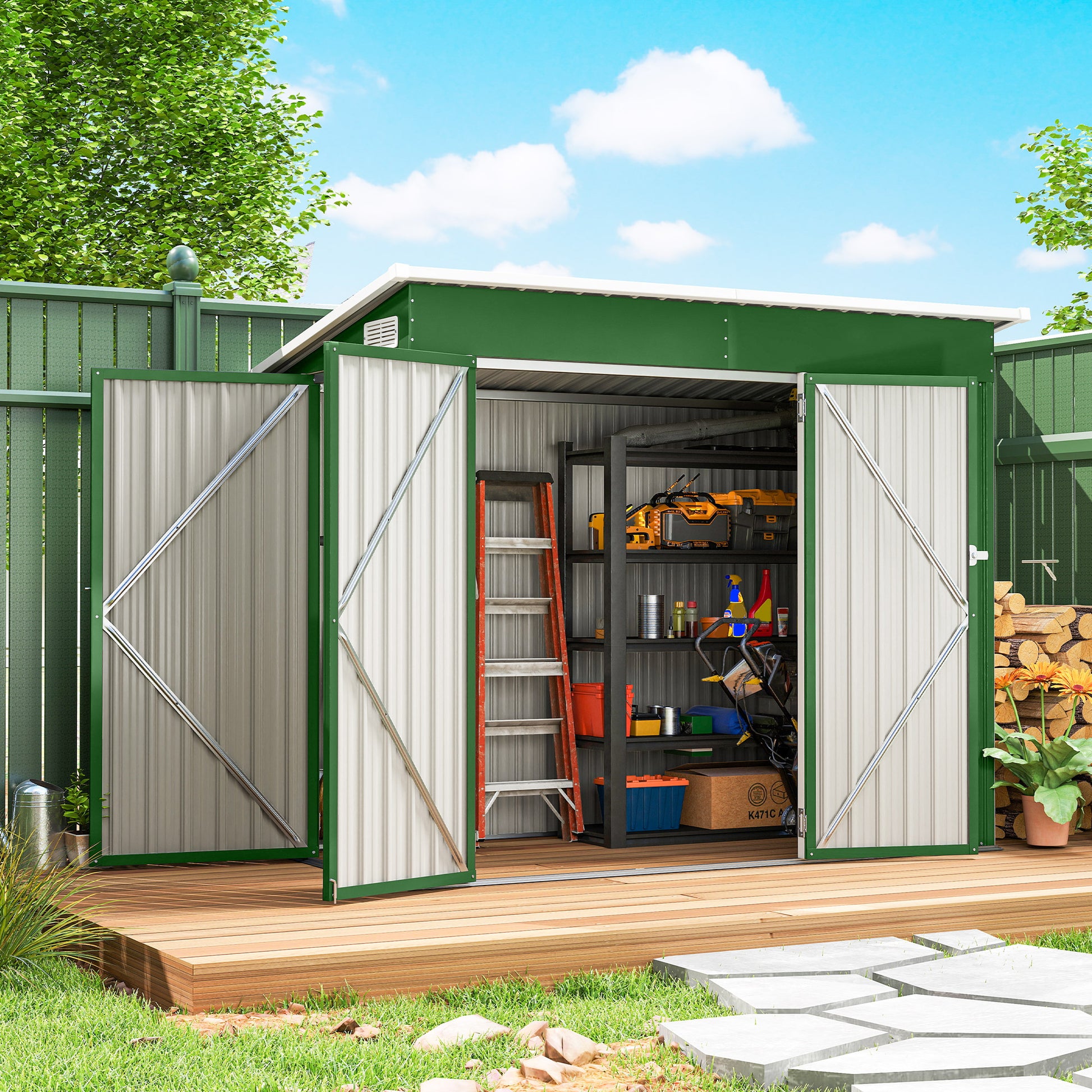 Outsunny Caseta de Jardín Exterior 2,7 m², 234x132x185 cm, Cobertizo de Jardín Exterior Metálico con Triple Puerta, Cerradura, Techo Inclinado y Ventilación para Almacenamiento de Herramientas, Verde