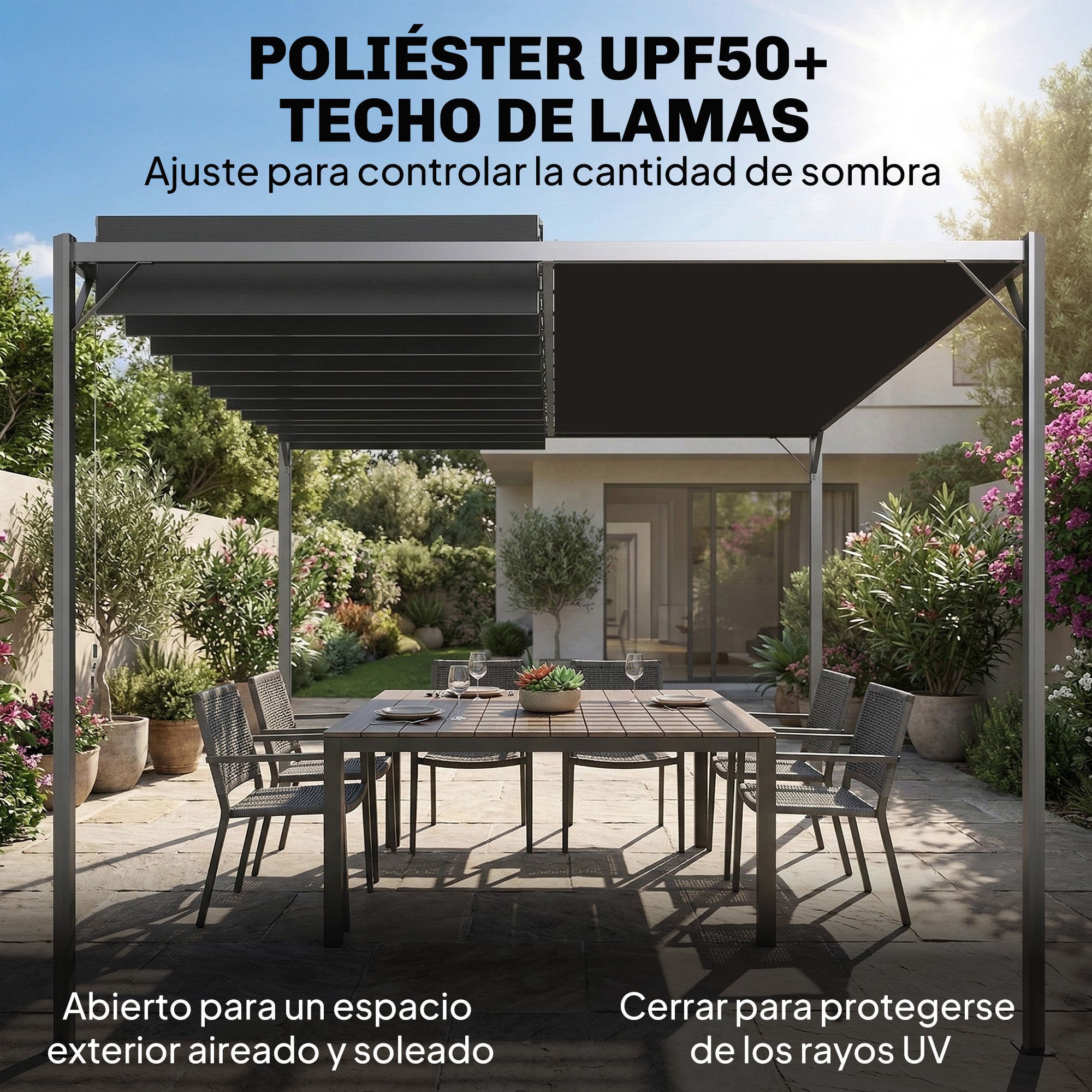 Outsunny Pérgola de Jardín 3x4 m, Cenador de Jardín con Techo de Lamas Orientables, Estructura de Metal, Protección UPF50+, Pabellón para Exterior, Patio, Terraza, Gris Oscuro