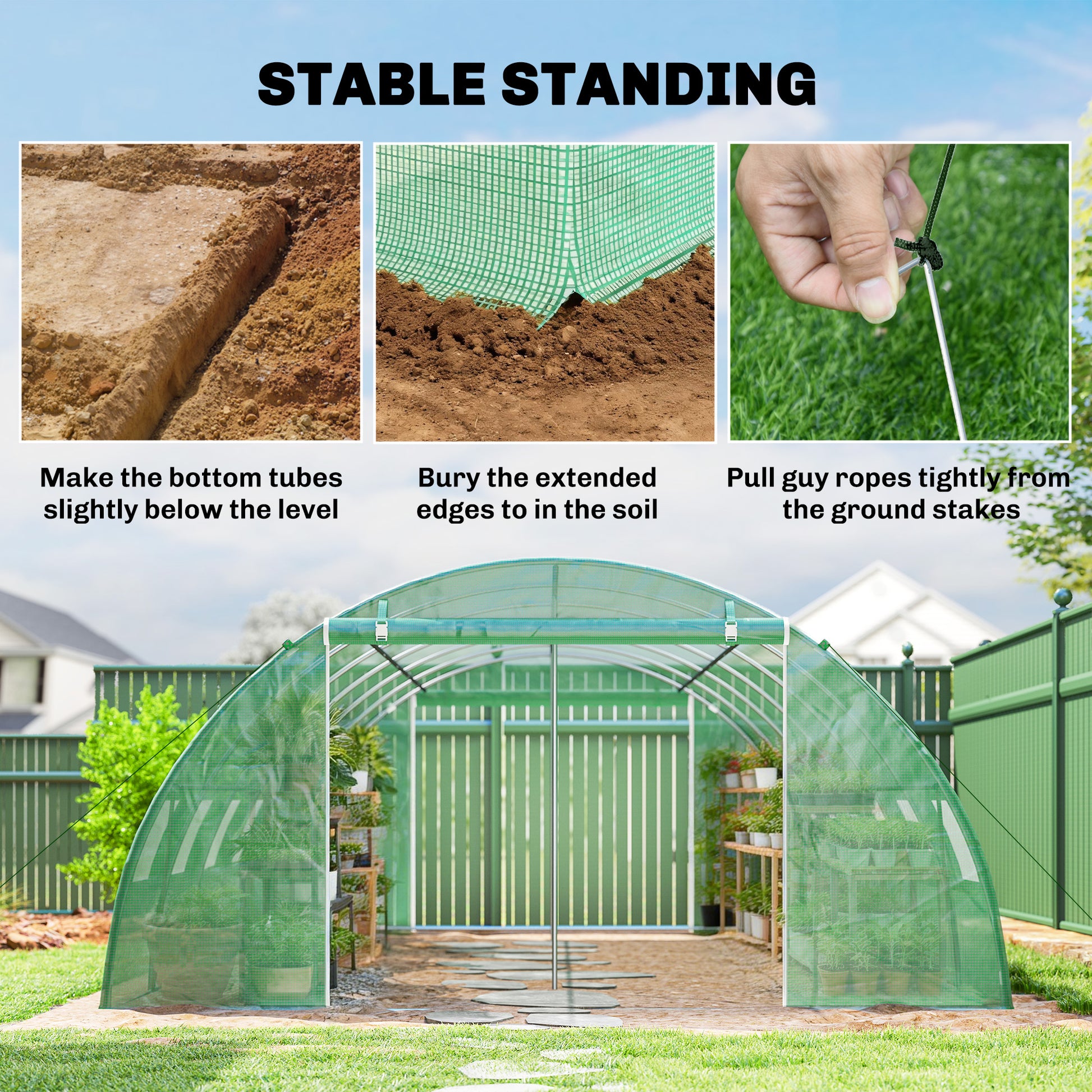 Outsunny Invernadero de Exterior 6x4x2 m, Invernadero de Túnel con 2 Varillas de Soporte, Puertas Enrollables, Ventanas de Malla, Cubierta PE y Marco de Acero Galvanizado, Anti-UV, Impermeable, Verde
