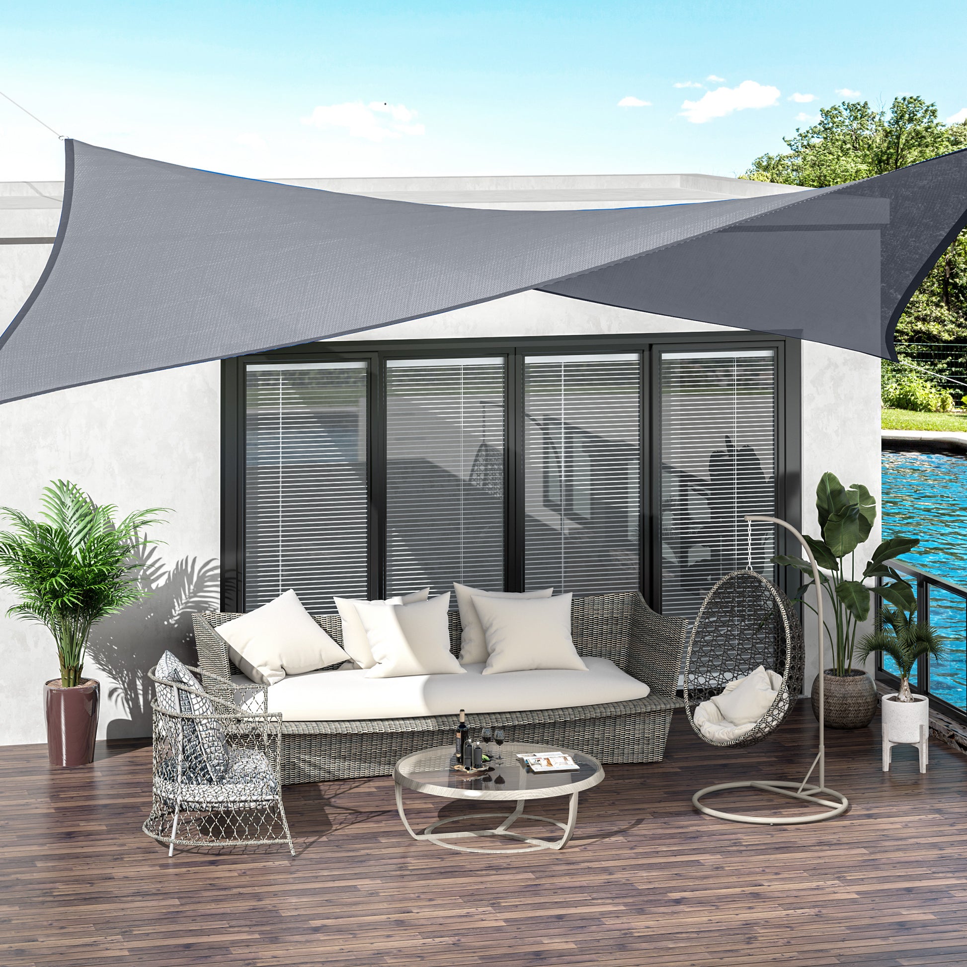 Outsunny Toldo Vela de Sombra Rectangular 4x6 m Toldo de Terraza de HDPE con Anillo de Acero Inoxidable y Cuerdas para Jardín Patio Gris