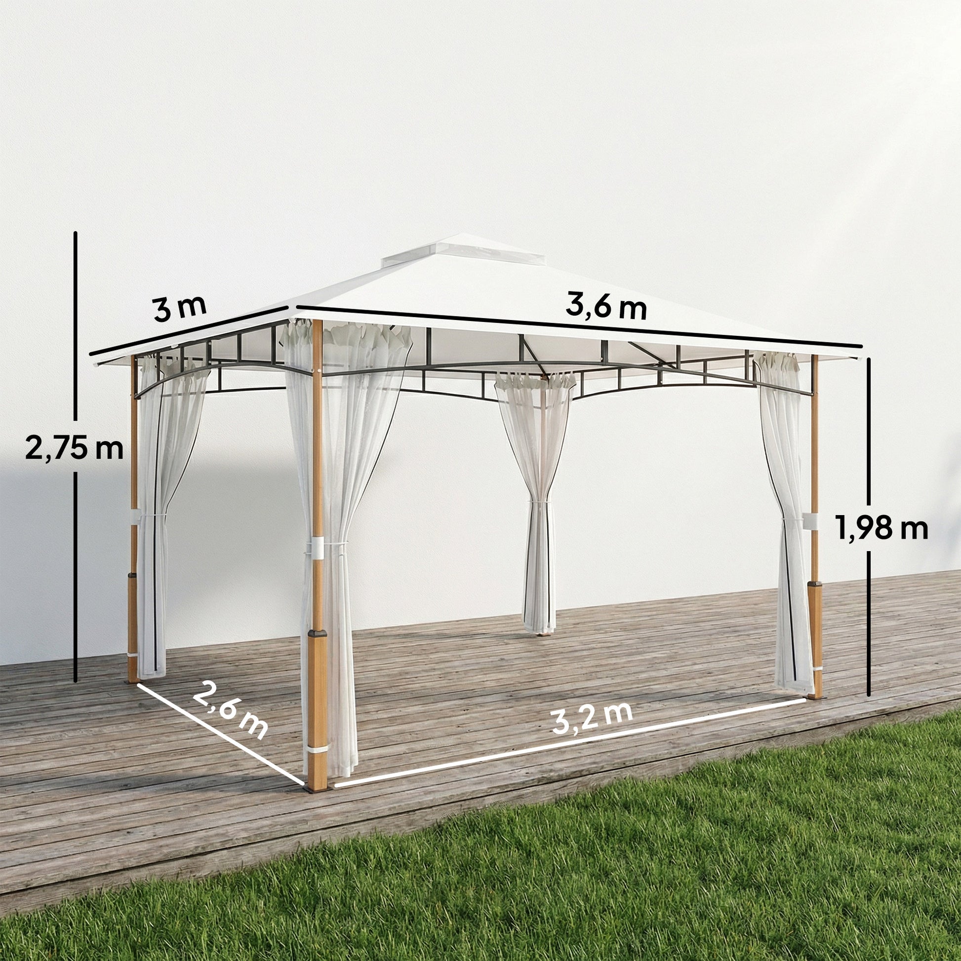 Outsunny Cenador para Jardín 3x3,6 m, Pabellón de Jardín Gazebo con Doble Techo, Paredes de Malla, UPF50+, Estructura de Metal, Carpa para Exterior, Terraza, Patio, Crema y Teca
