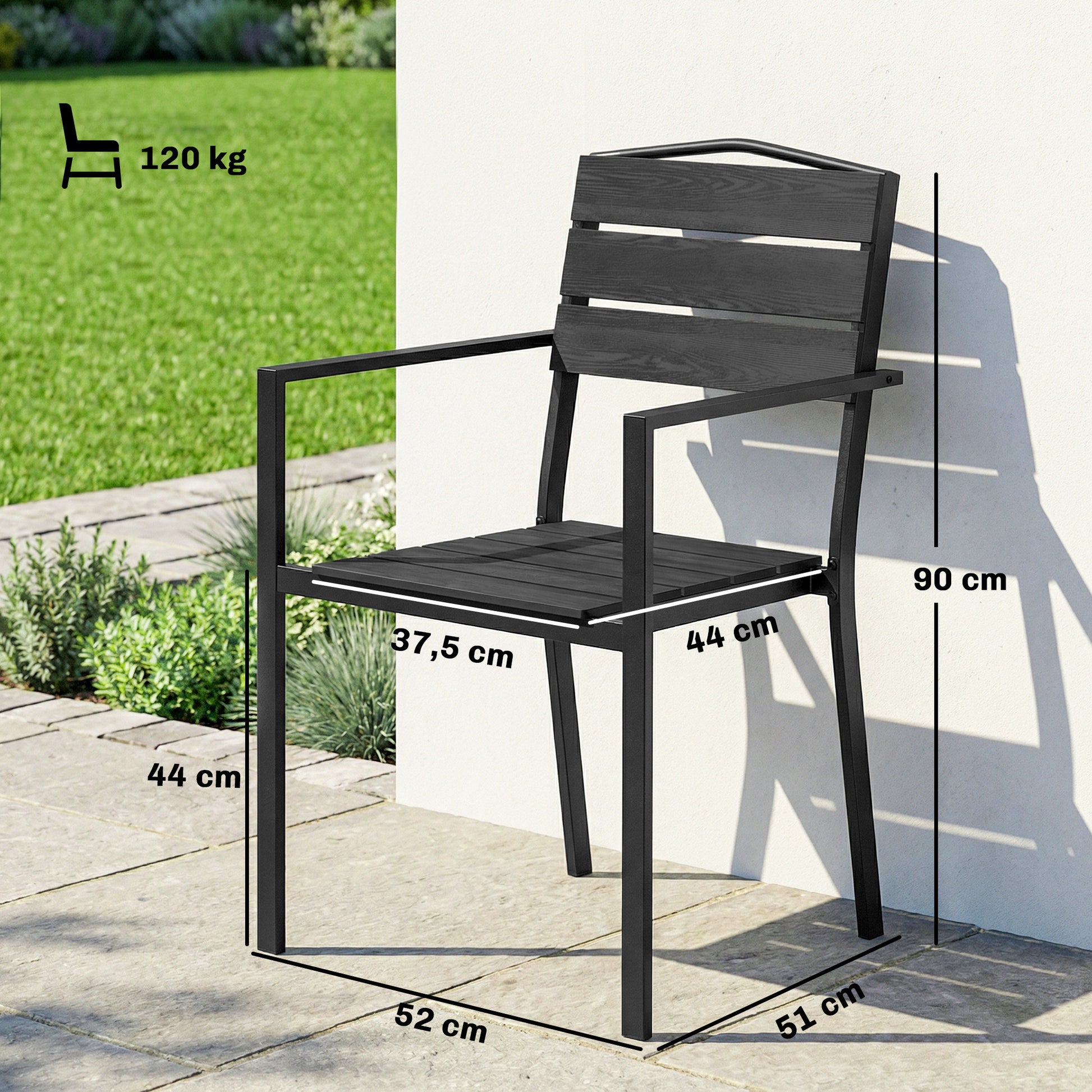 Outsunny Juego de 4 Sillas de Jardín Exterior Apilables, Sillas Terraza Exterior con Reposabrazos, Asiento y Respaldo de HDPE con Listones, Estructura Metálica Resistente, 52x51x90 cm, Negro