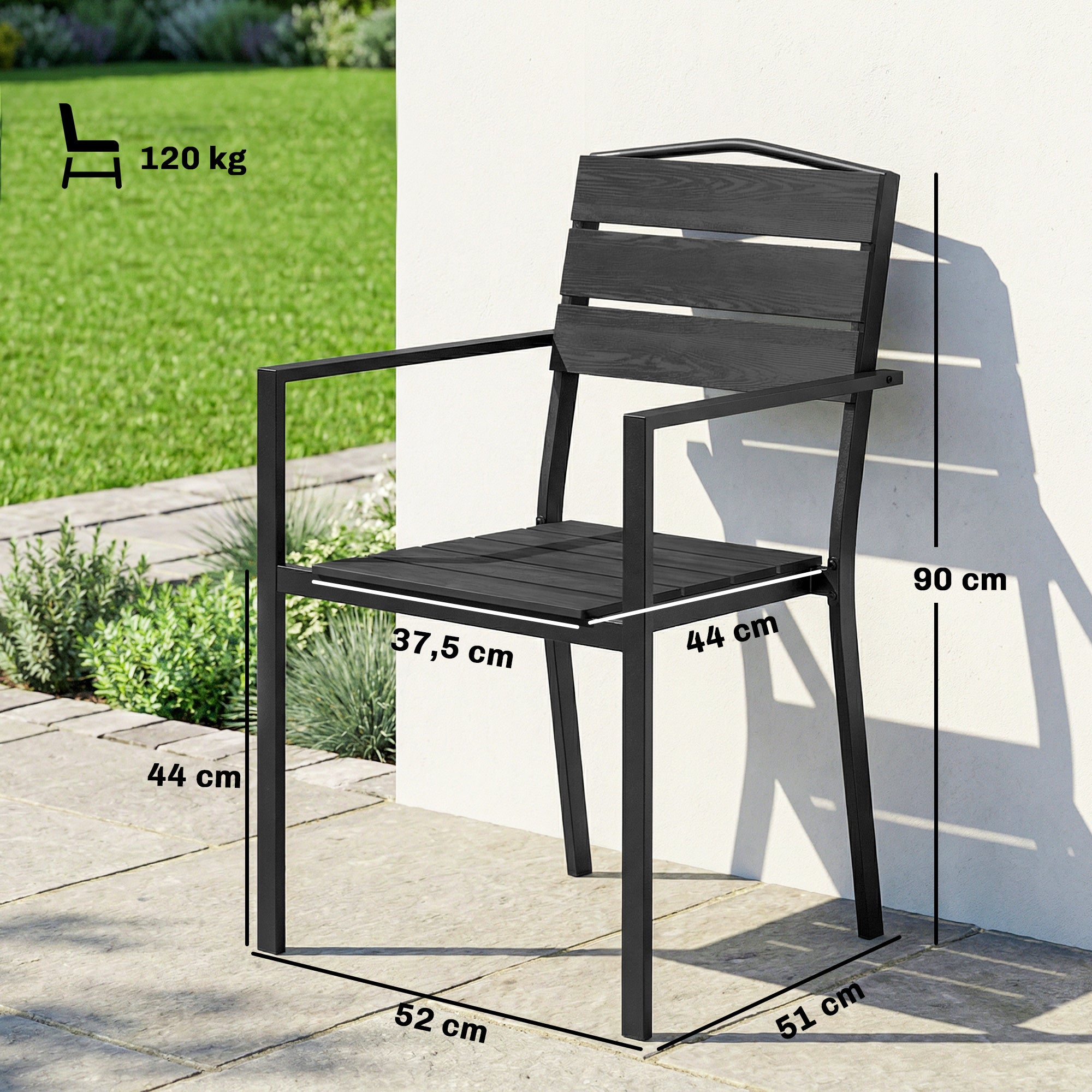 Outsunny Juego de 4 Sillas de Jardín Exterior Apilables, Sillas Terraza Exterior con Reposabrazos, Asiento y Respaldo de HDPE con Listones, Estructura Metálica Resistente, 52x51x90 cm, Negro