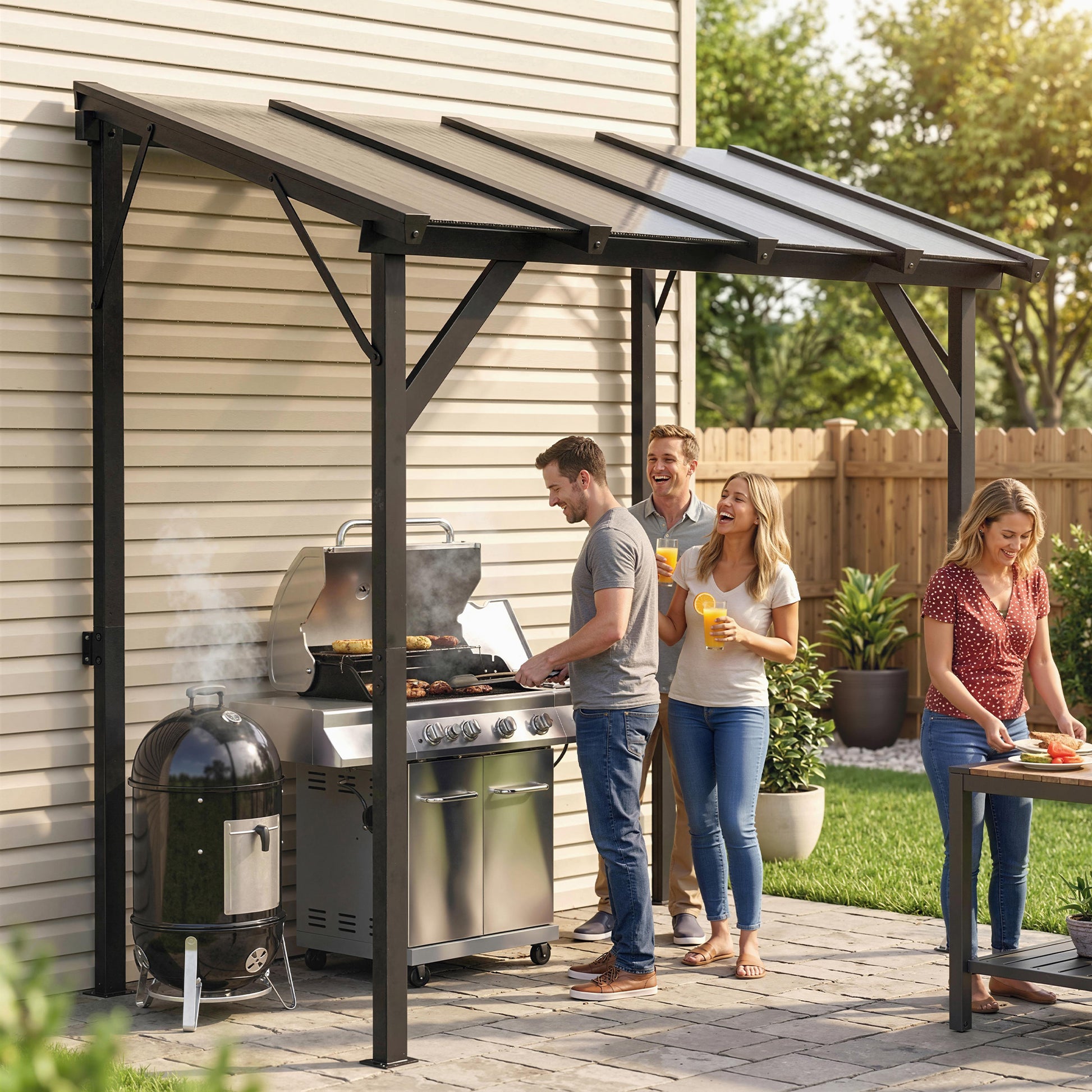 Outsunny Carpa Barbacoa 2,5x1,5 m, Gazebo para Barbacoa con Techo Inclinable de Policarbonato, UPF50+, Estructura de Metal Galvanizado y Aluminio, Diseño Adosado para Jardín Exterior, BBQ, Gris Oscuro