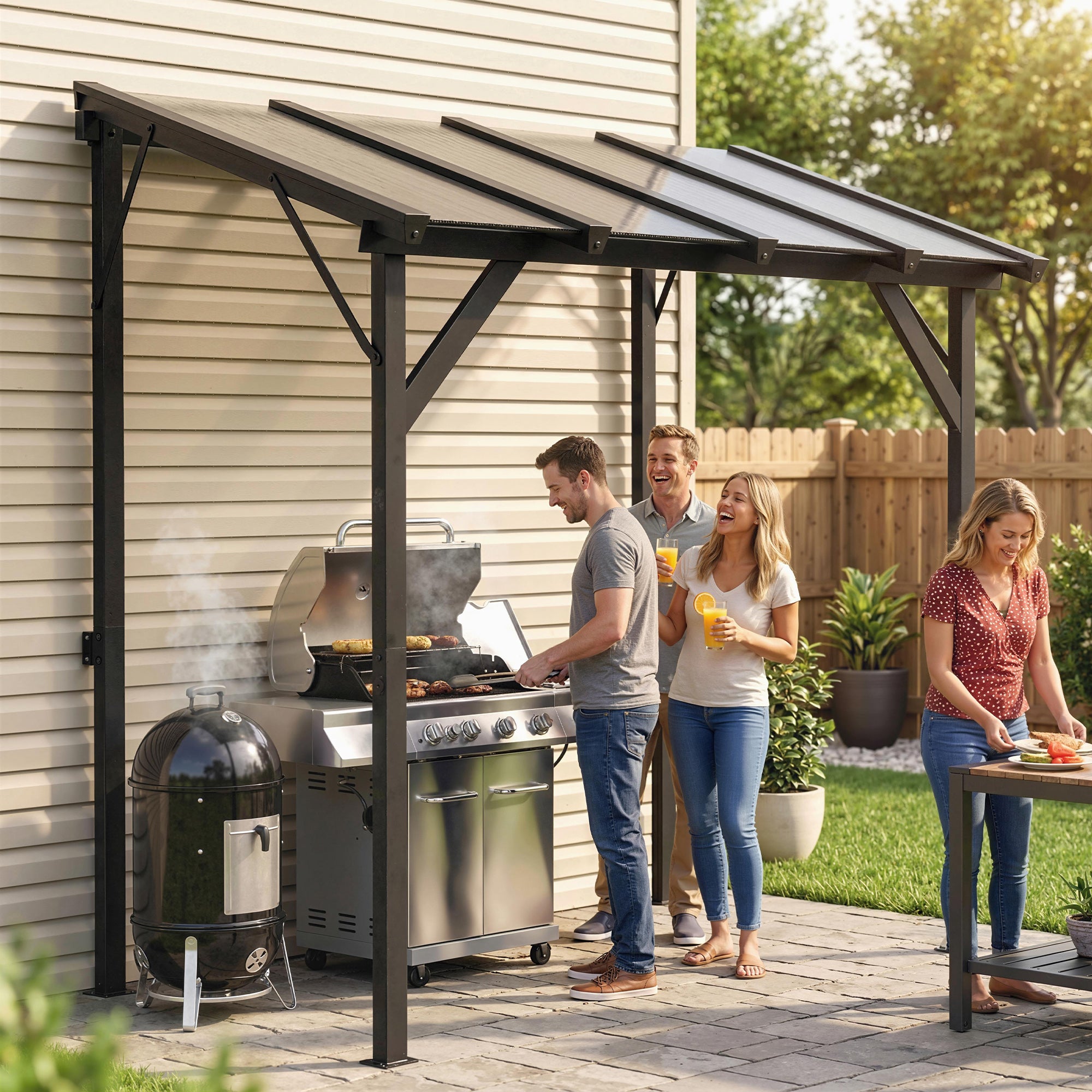 Outsunny Carpa Barbacoa 2,5x1,5 m, Gazebo para Barbacoa con Techo Inclinable de Policarbonato, UPF50+, Estructura de Metal Galvanizado y Aluminio, Diseño Adosado para Jardín Exterior, BBQ, Gris Oscuro