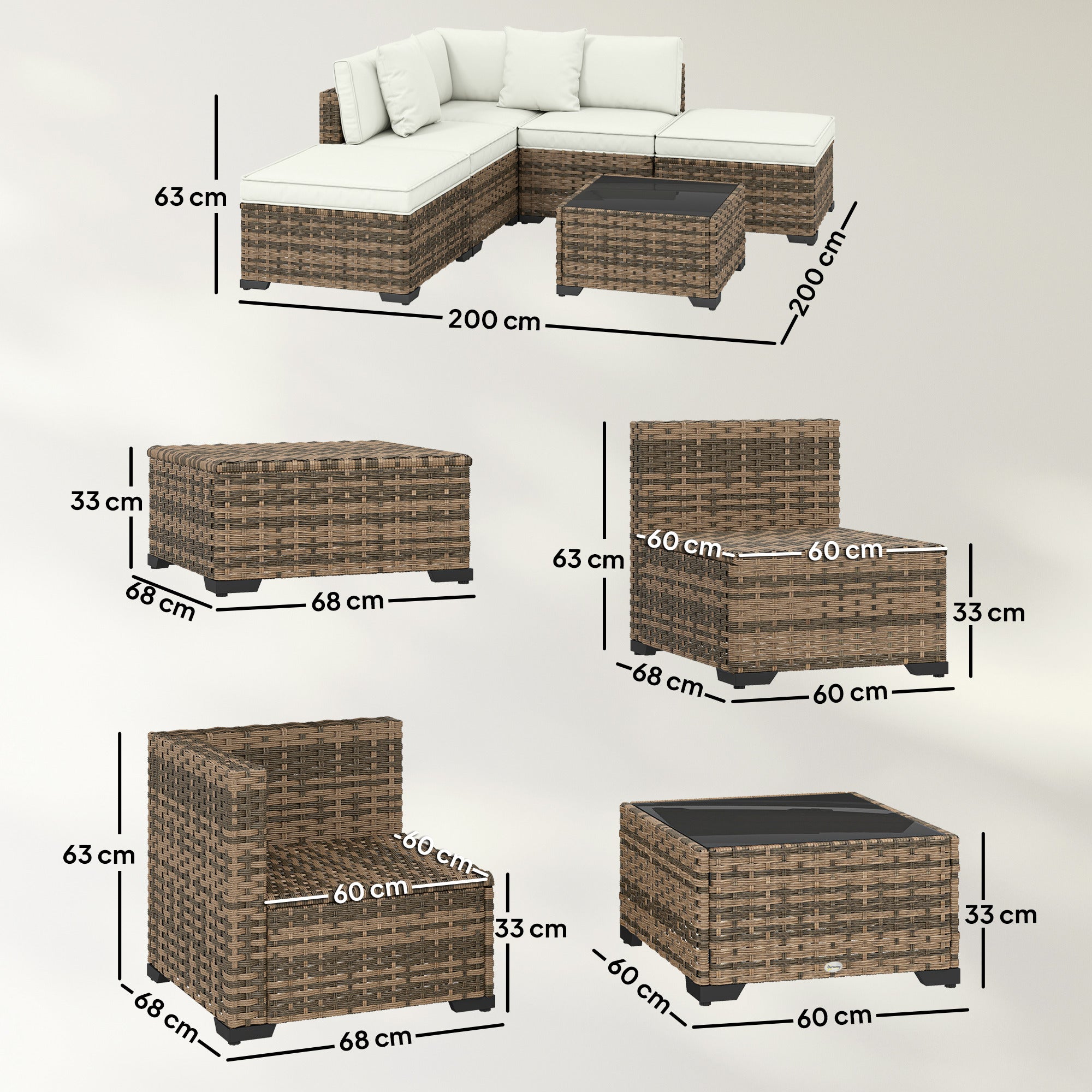 Outsunny Conjunto de Jardín de Ratán de 6 Piezas, Conjunto Terraza Resistente, Muebles Jardín Exterior Incluye Cojines, 4 Módulos de Asiento, 1 Sofá Esquinero y Mesa Centro de Vidrio, Amarillo Mixto