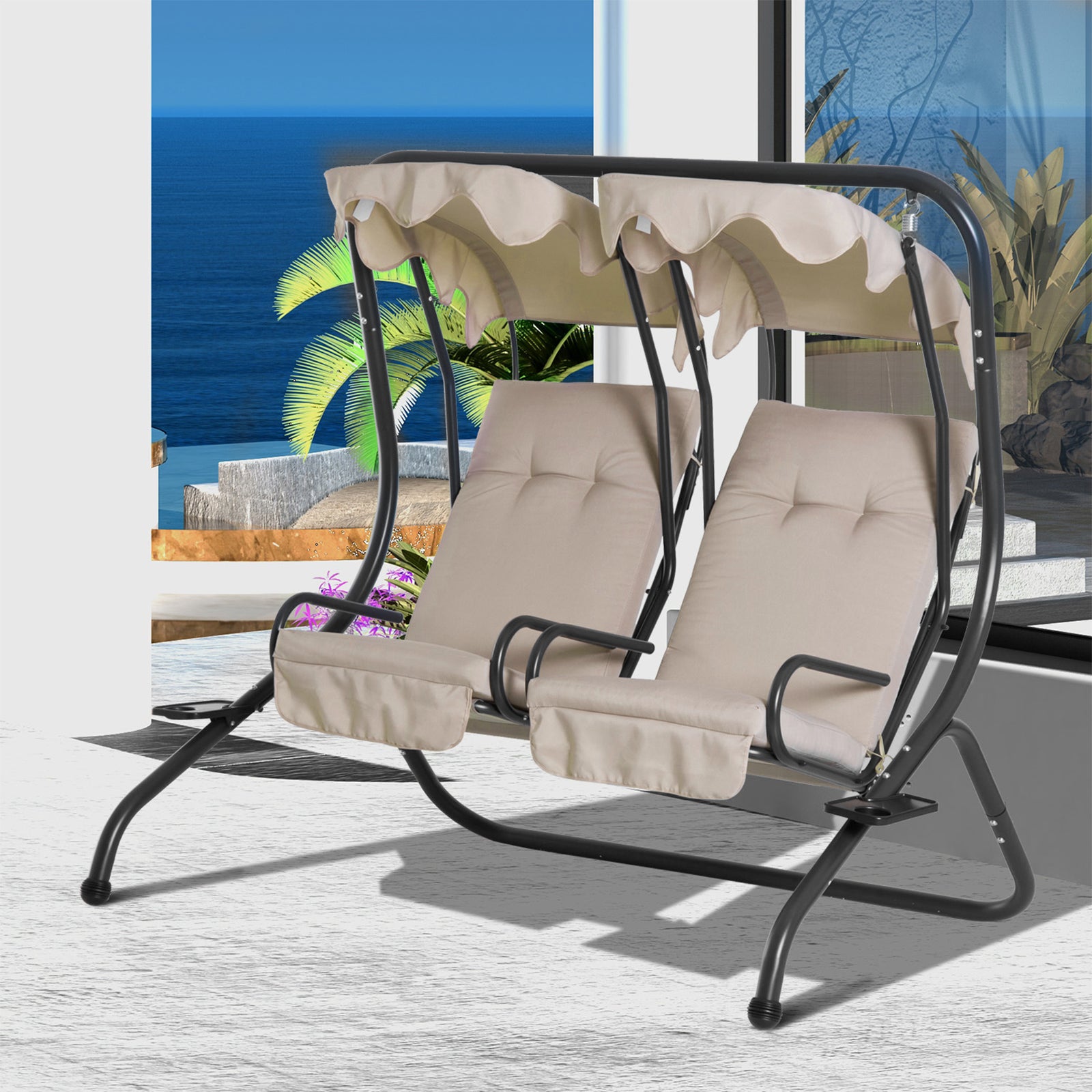 Outsunny Balancín de Jardín de 2 Plazas con Asientos Individuales con Cojines Toldos Extraíbles Mesas Laterales y Marco de Acero 170x136x170 cm Beige