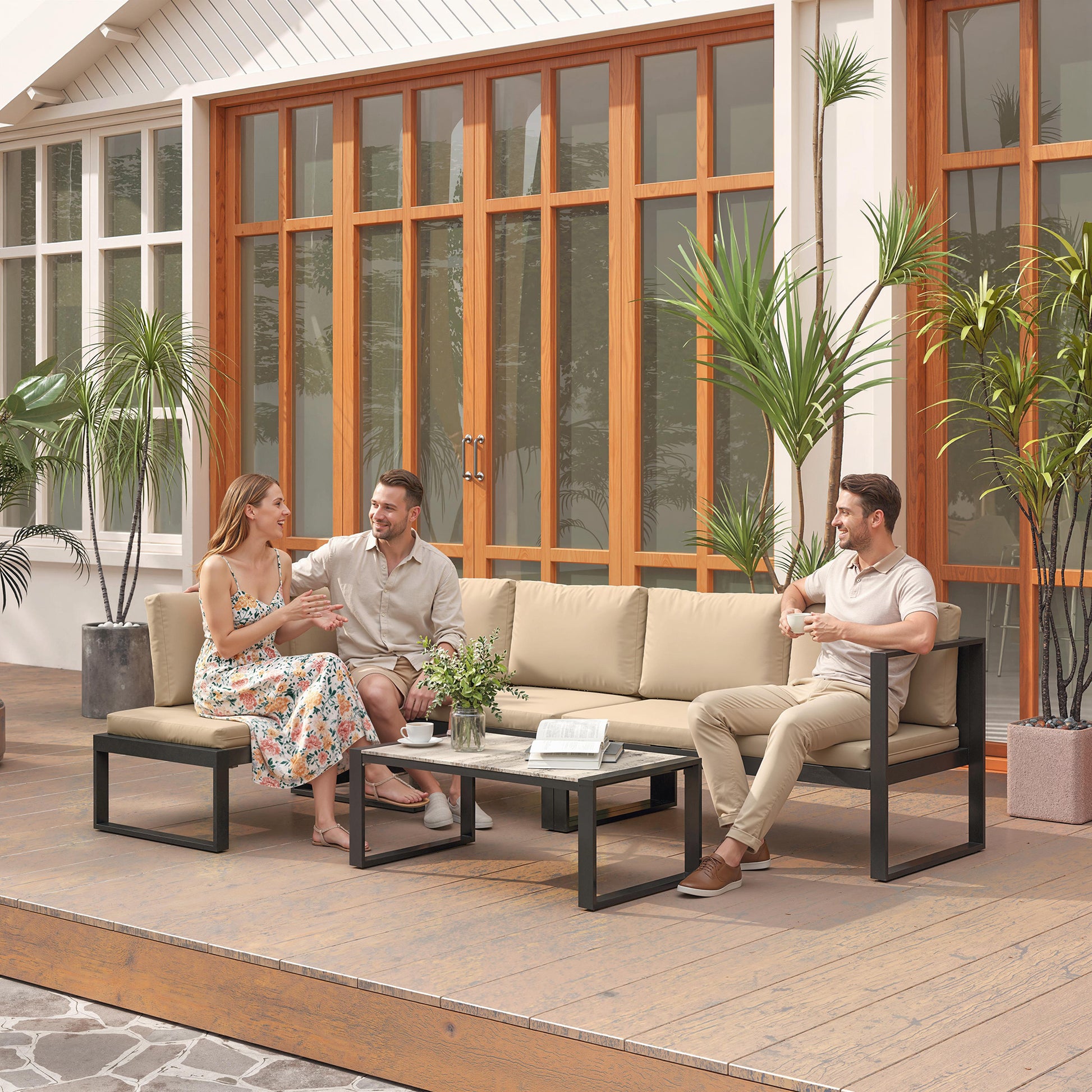 Outsunny Conjunto de Jardín Exterior de 4 Piezas, Muebles Jardín Exterior con 2 Sofás de 2 Plazas, 1 Sillón sin Brazos y Mesa de Centro, Conjunto de Sofá con Estructura de Acero y Cojines, Caqui