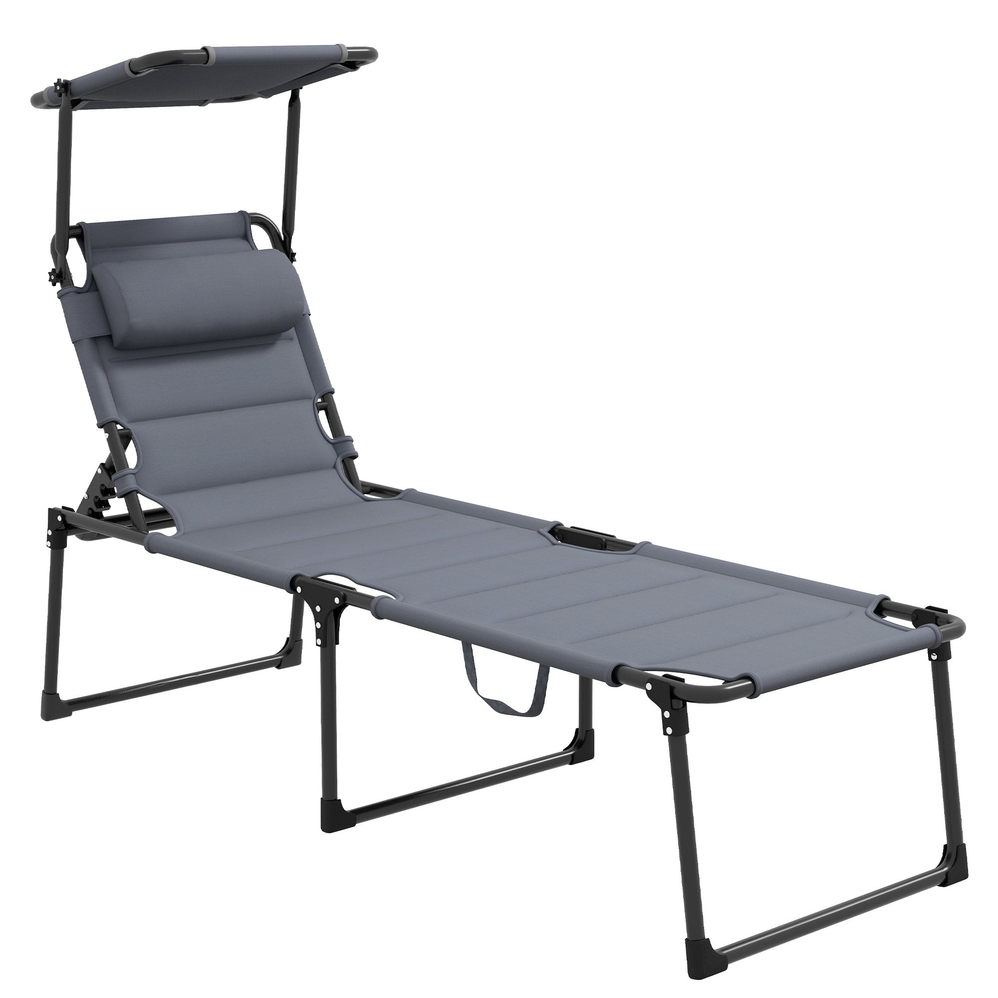 Outsunny Tumbona Plegable Tumbona de Jardín con Toldo Ajustable Respaldo Regulable en 4 Niveles y Reposacabezas para Terraza Piscina 70x200x45 cm Gris