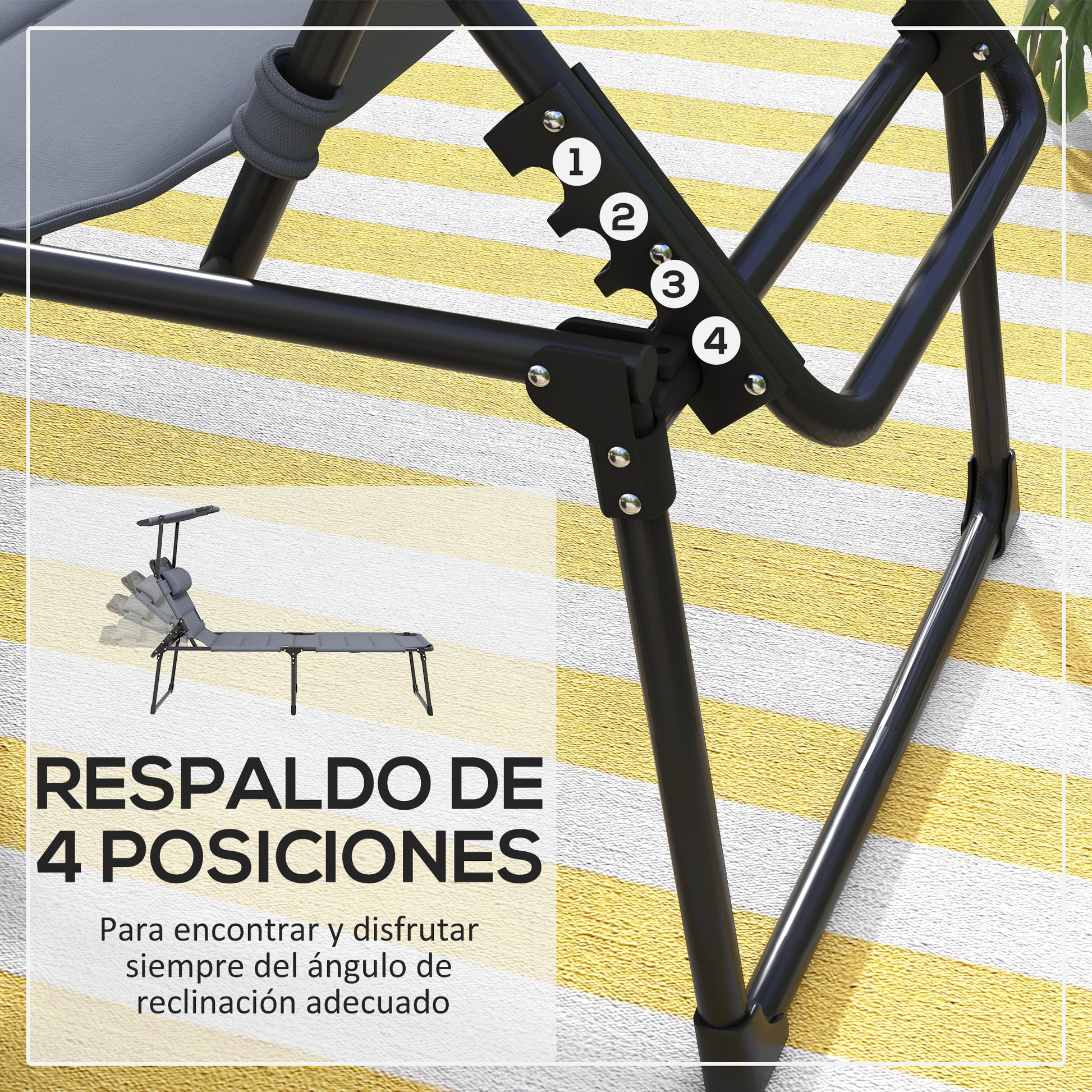 Outsunny Tumbona Plegable Tumbona de Jardín con Toldo Ajustable Respaldo Regulable en 4 Niveles y Reposacabezas para Terraza Piscina 70x200x45 cm Gris