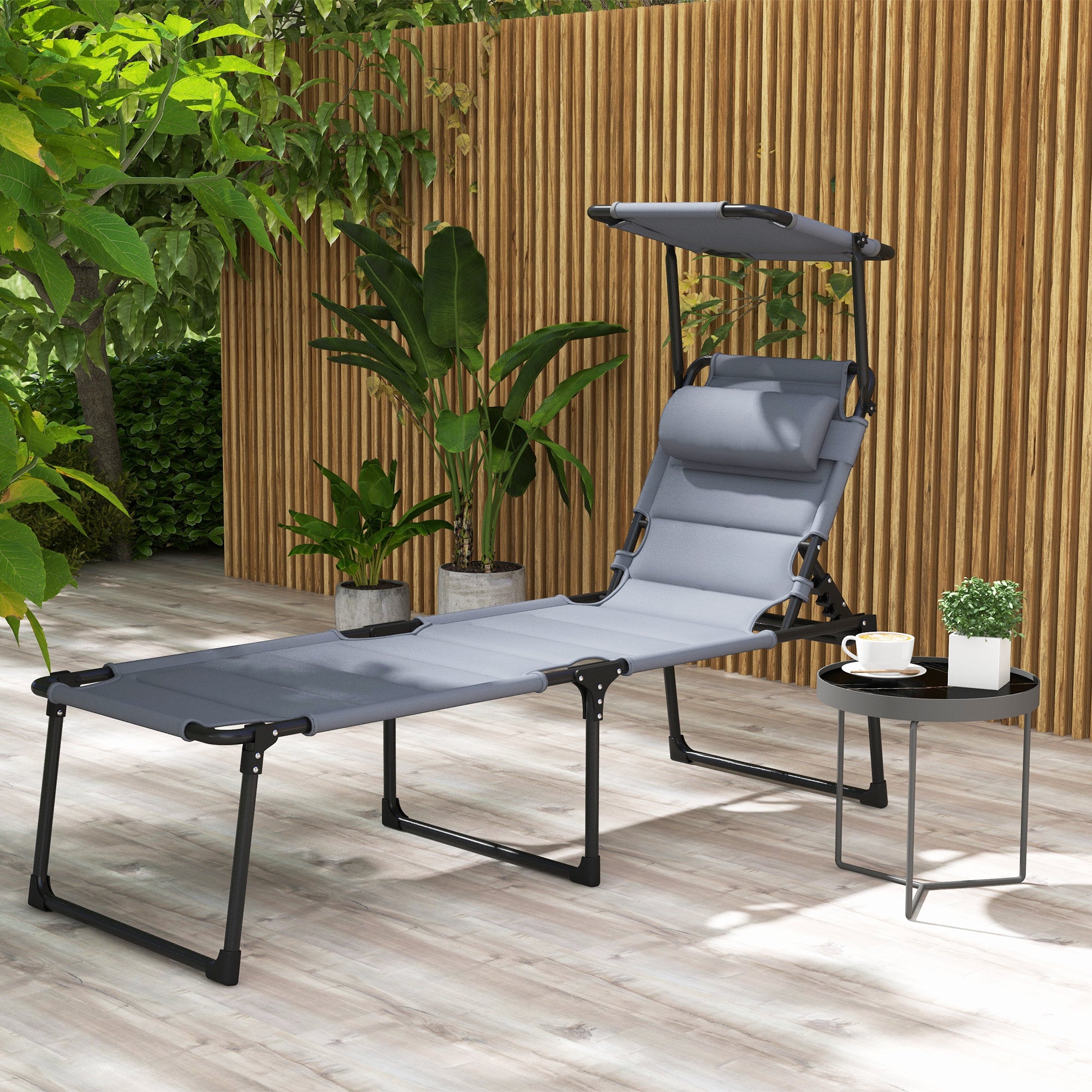 Outsunny Tumbona Plegable Tumbona de Jardín con Toldo Ajustable Respaldo Regulable en 4 Niveles y Reposacabezas para Terraza Piscina 70x200x45 cm Gris