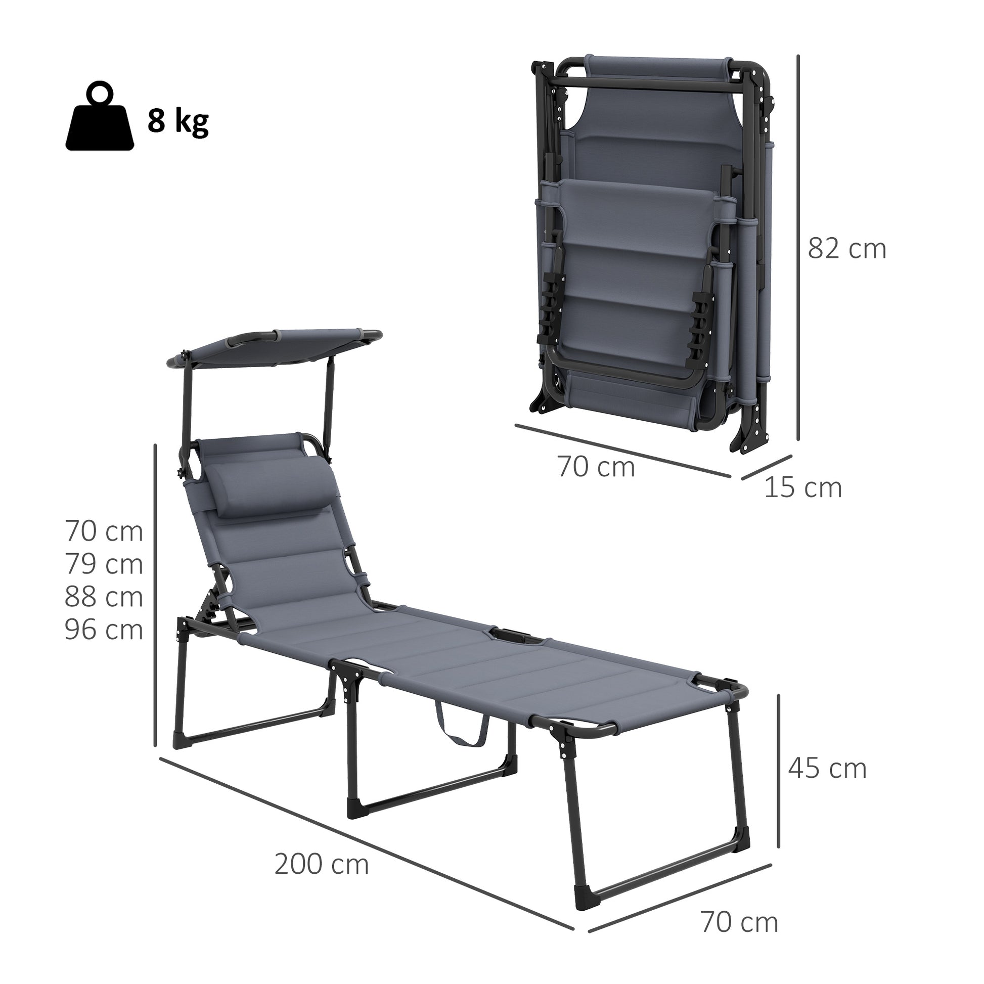 Outsunny Tumbona Plegable Tumbona de Jardín con Toldo Ajustable Respaldo Regulable en 4 Niveles y Reposacabezas para Terraza Piscina 70x200x45 cm Gris