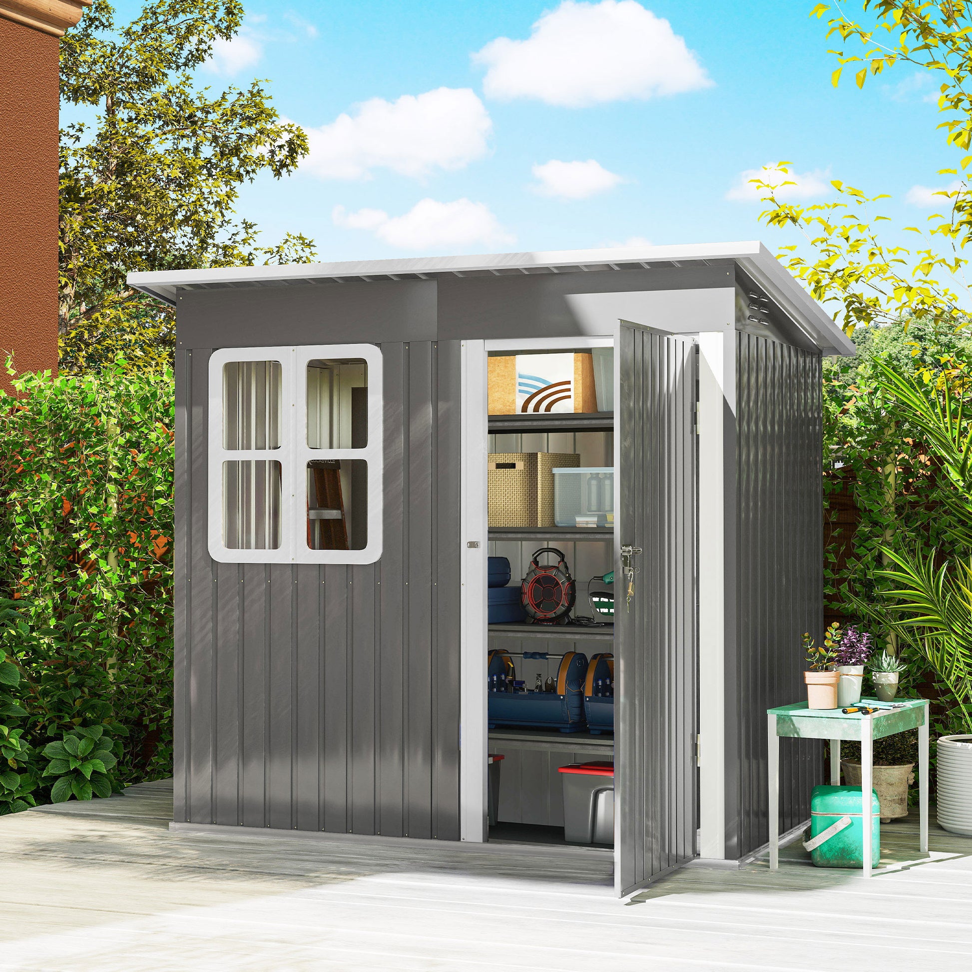 Outsunny Caseta de Jardín Exterior, 2,55 m² 221x133x190 cm, Cobertizo de Jardín Exterior Metálico con Ventana, Puerta con Cerradura y Ventilaciones, para Almacenamiento de Herramientas, Gris Oscuro