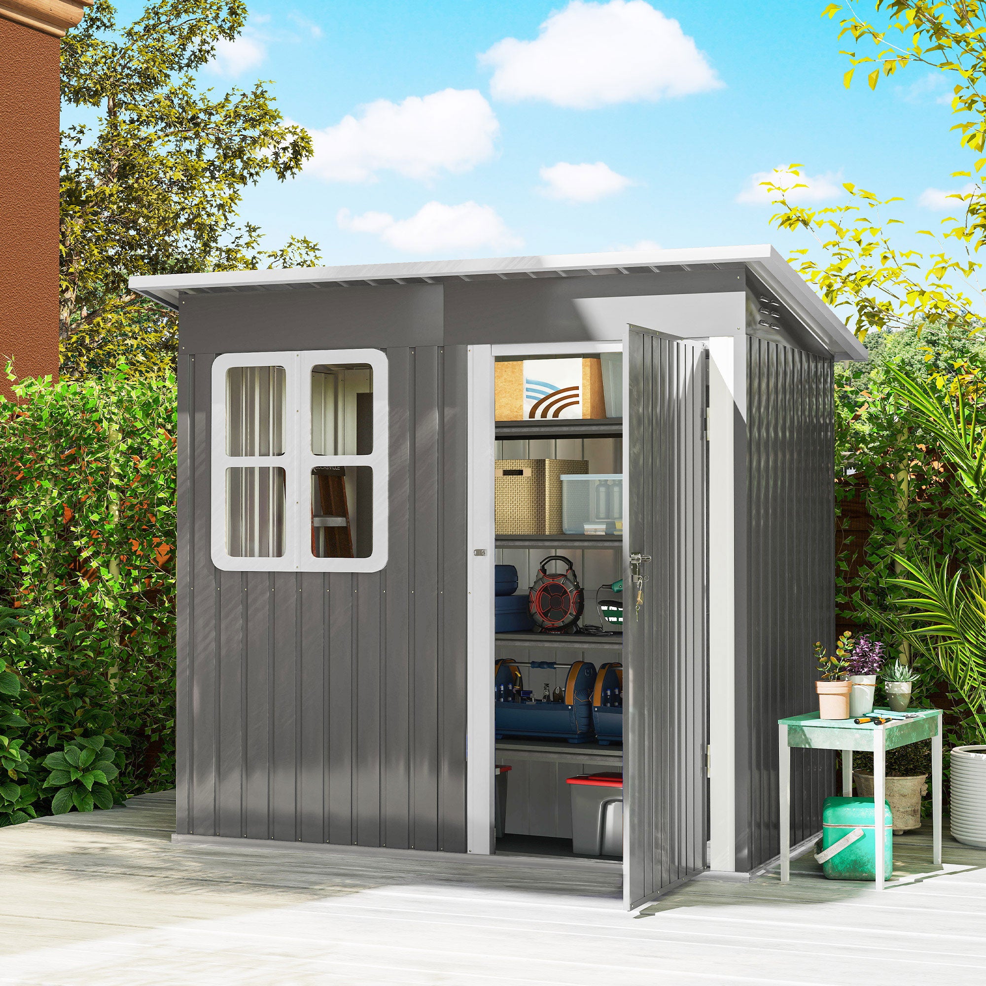 Outsunny Caseta de Jardín Exterior, 2,55 m² 221x133x190 cm, Cobertizo de Jardín Exterior Metálico con Ventana, Puerta con Cerradura y Ventilaciones, para Almacenamiento de Herramientas, Gris Oscuro
