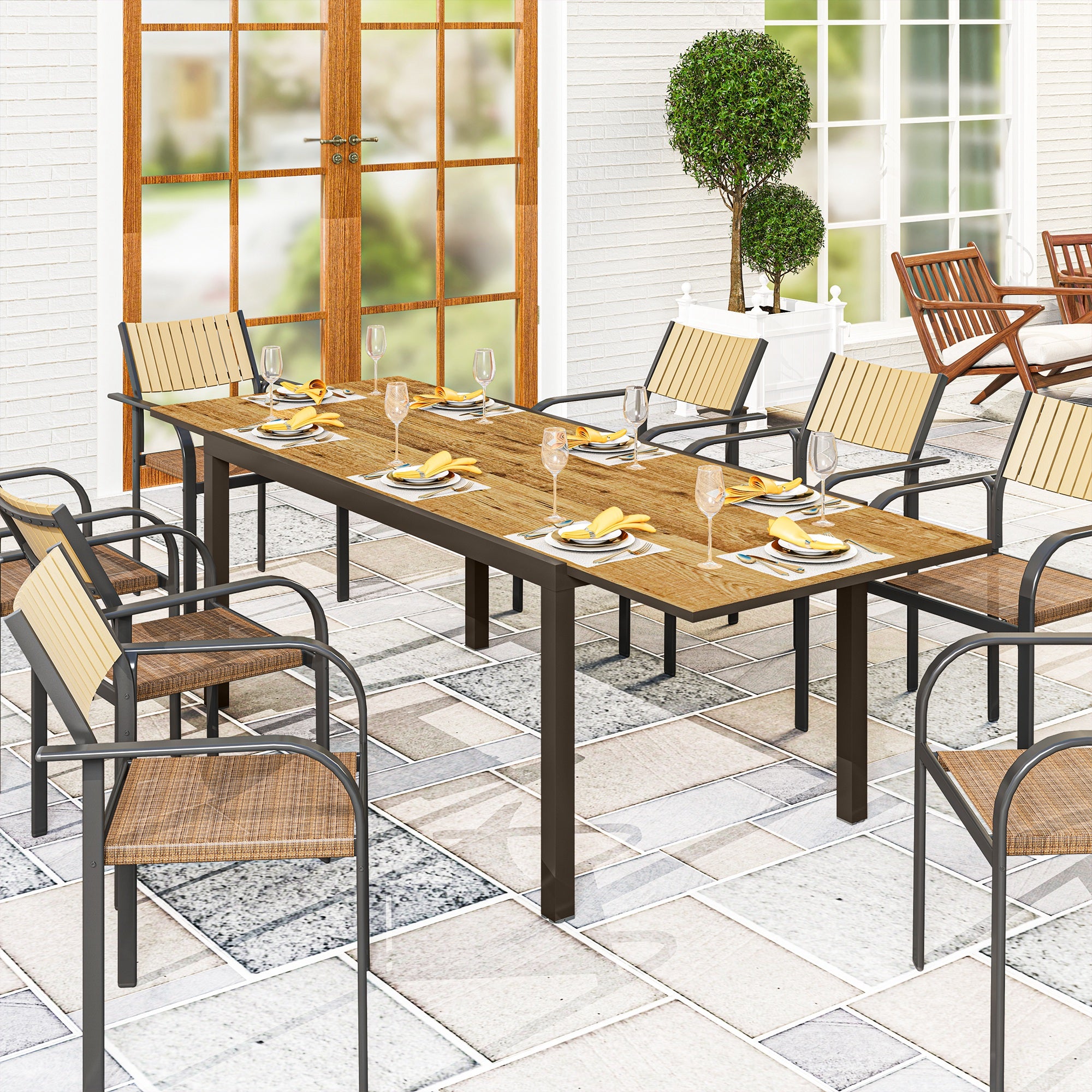 Outsunny Mesa de Jardín Extensible, Mesa de Comedor Exterior Extensible 160/240x90 cm, con Borde de Aluminio, Carga 70 kg, Mesita Rectangular para 6-8 Personas, para Patio, Terraza, Marrón