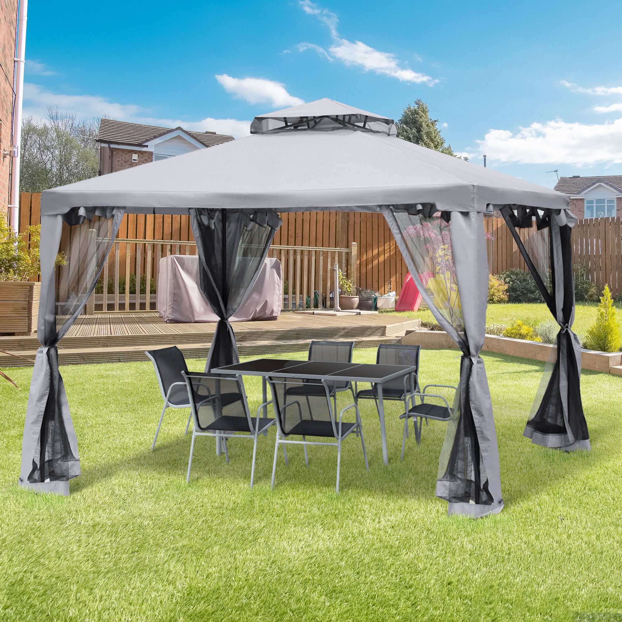 Outsunny Cenador de Jardín 3x3 m Pabellón de Exterior con Doble Techo de Ventilación 4 Cortinas Mosquiteras Laterales con Cremallera 8 Orificios de Drenaje Gazebo para Fiestas Patio Gris