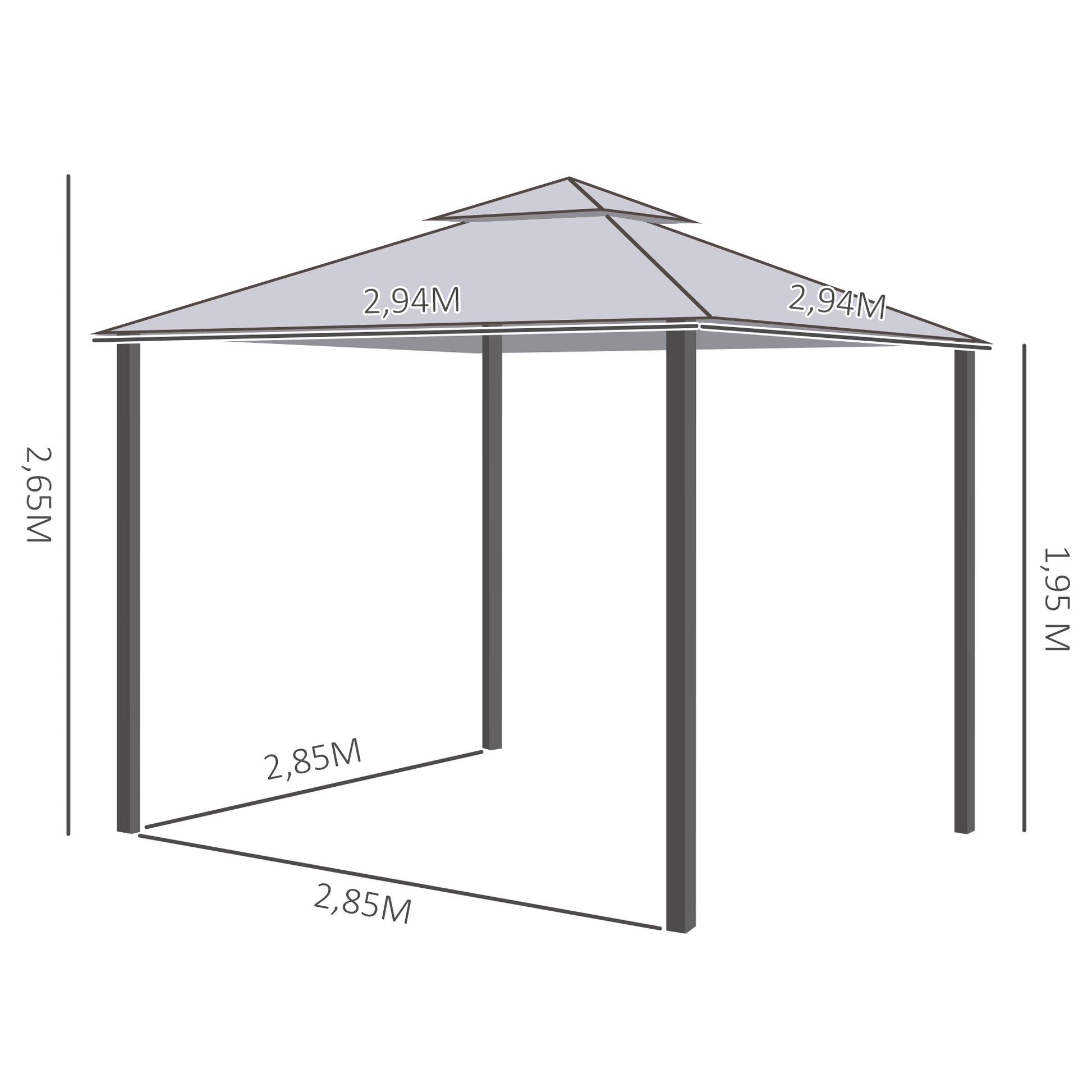 Outsunny Cenador de Jardín 3x3 m Pabellón de Exterior con Doble Techo de Ventilación 4 Cortinas Mosquiteras Laterales con Cremallera 8 Orificios de Drenaje Gazebo para Fiestas Patio Gris