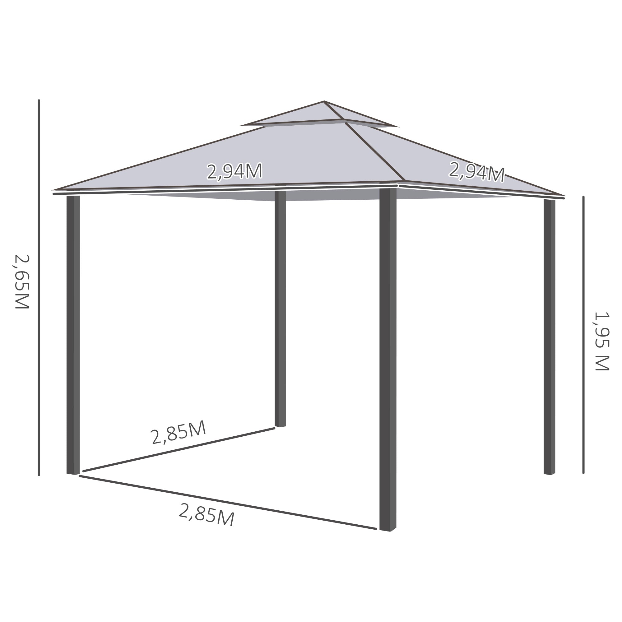 Outsunny Cenador de Jardín 3x3 m Pabellón de Exterior con Doble Techo de Ventilación 4 Cortinas Mosquiteras Laterales con Cremallera 8 Orificios de Drenaje Gazebo para Fiestas Patio Gris